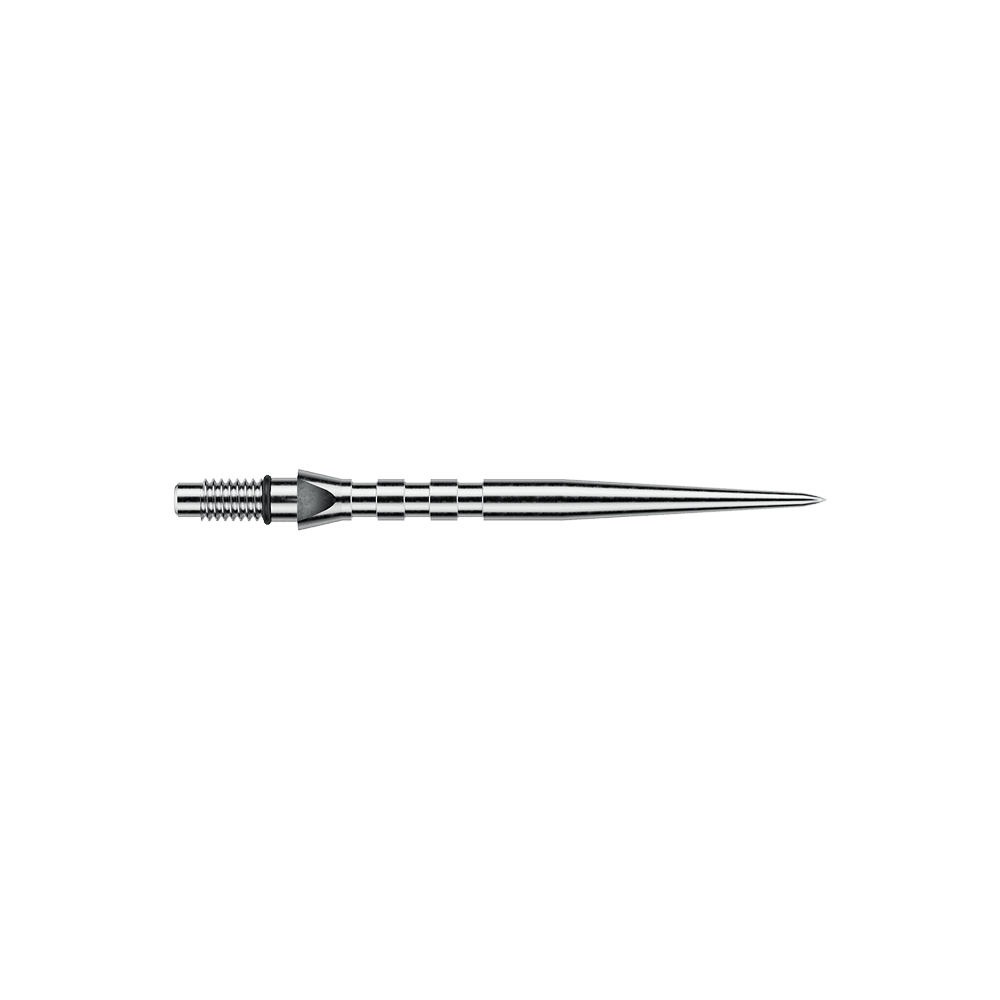 Das Bild zeigt eine silberne Winmau Switch Point Groove Steeldartspitze mit einer Länge von 30mm. Die Dartspitze hat eine strukturierte Oberfläche und ist aus Metall gefertigt.