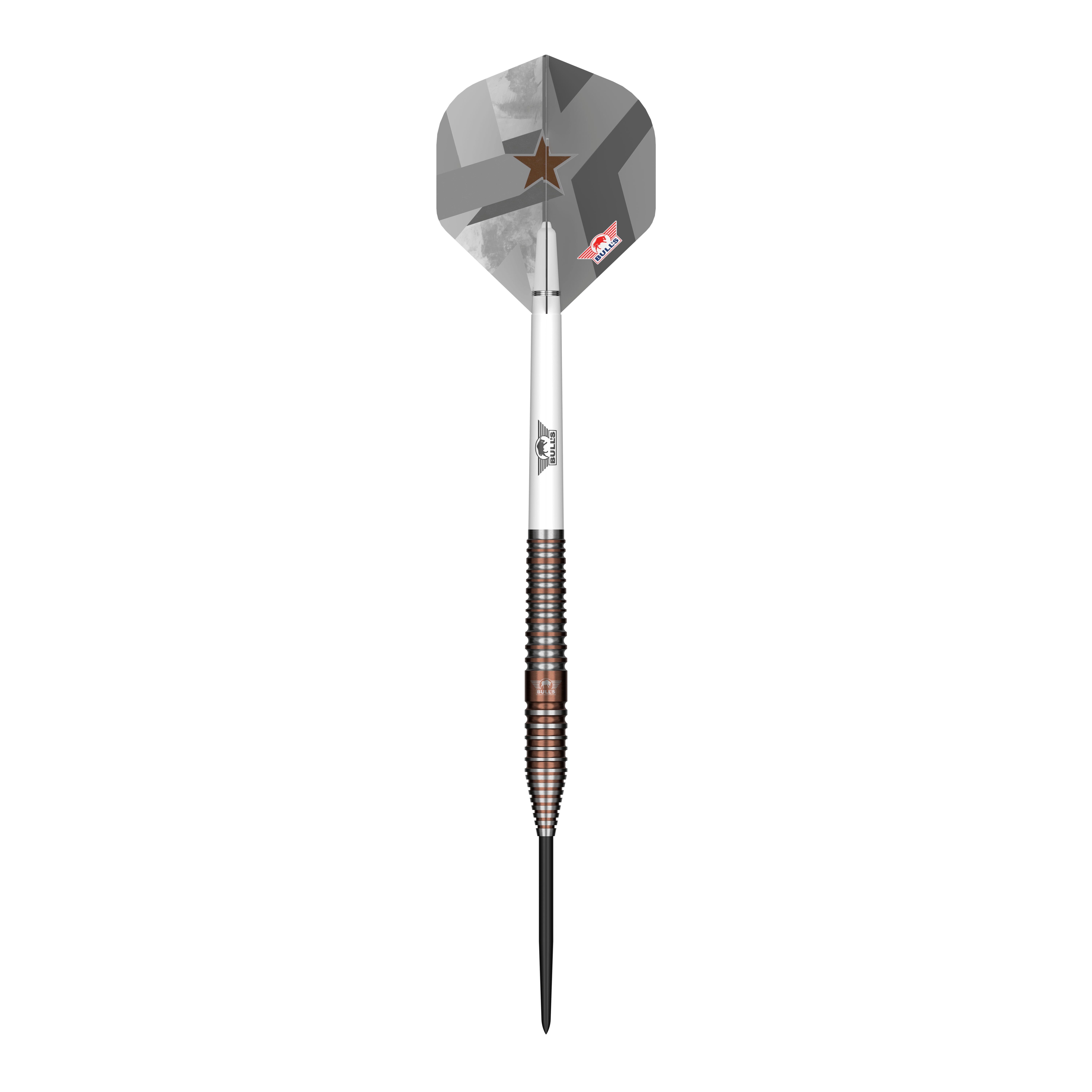 Abgebildet ist der Bulls NL Max Hopp E5 Steeldarts. Der Dartpfeil hat ein modernes Design und eignet sich für Steeldart-Spieler.