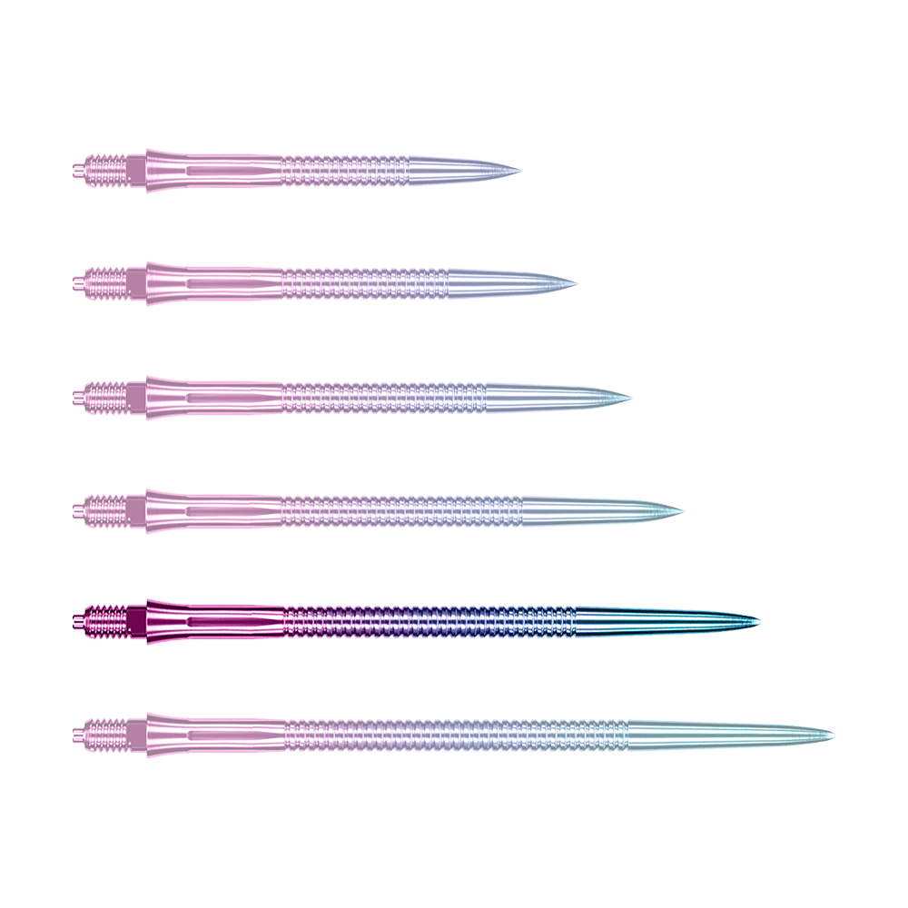 Caliburn EZ-EVO dartpunten - Gegroefd - Regenboog Dargestellt ist eine einzelne Caliburn EZ-EVO Dartspitze in 45 mm Länge und grooved Rainbow-Design. Die Spitze leuchtet in Regenbogenfarben und hat ein geriffeltes Muster.