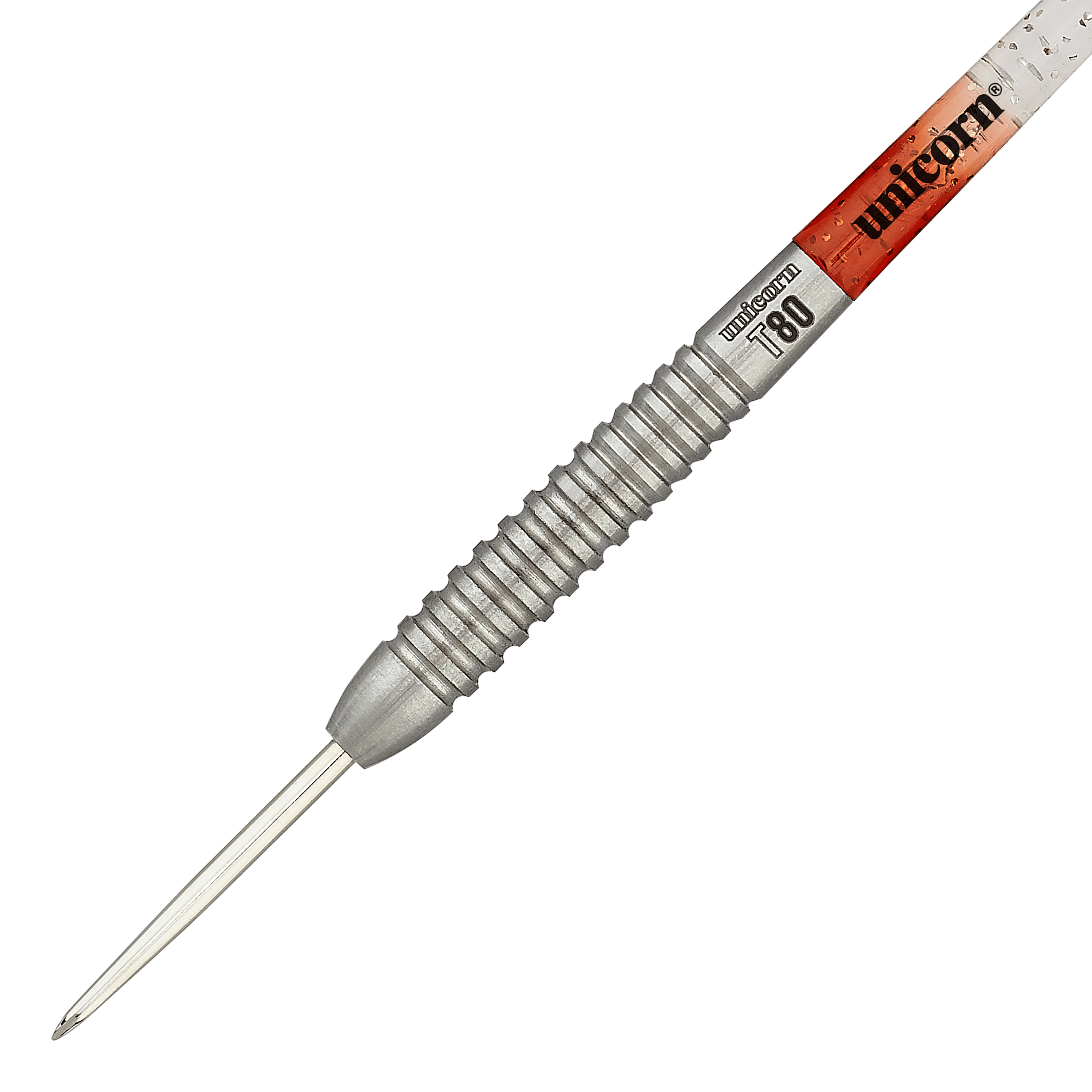 Unicorn Core XL Striker Style 5 stalen darts Das Bild zeigt einen Unicorn Core XL Striker Style 5 Steeldart. Der Dartpfeil hat einen silbernen, geriffelten Griff und eine spitze Metallspitze.