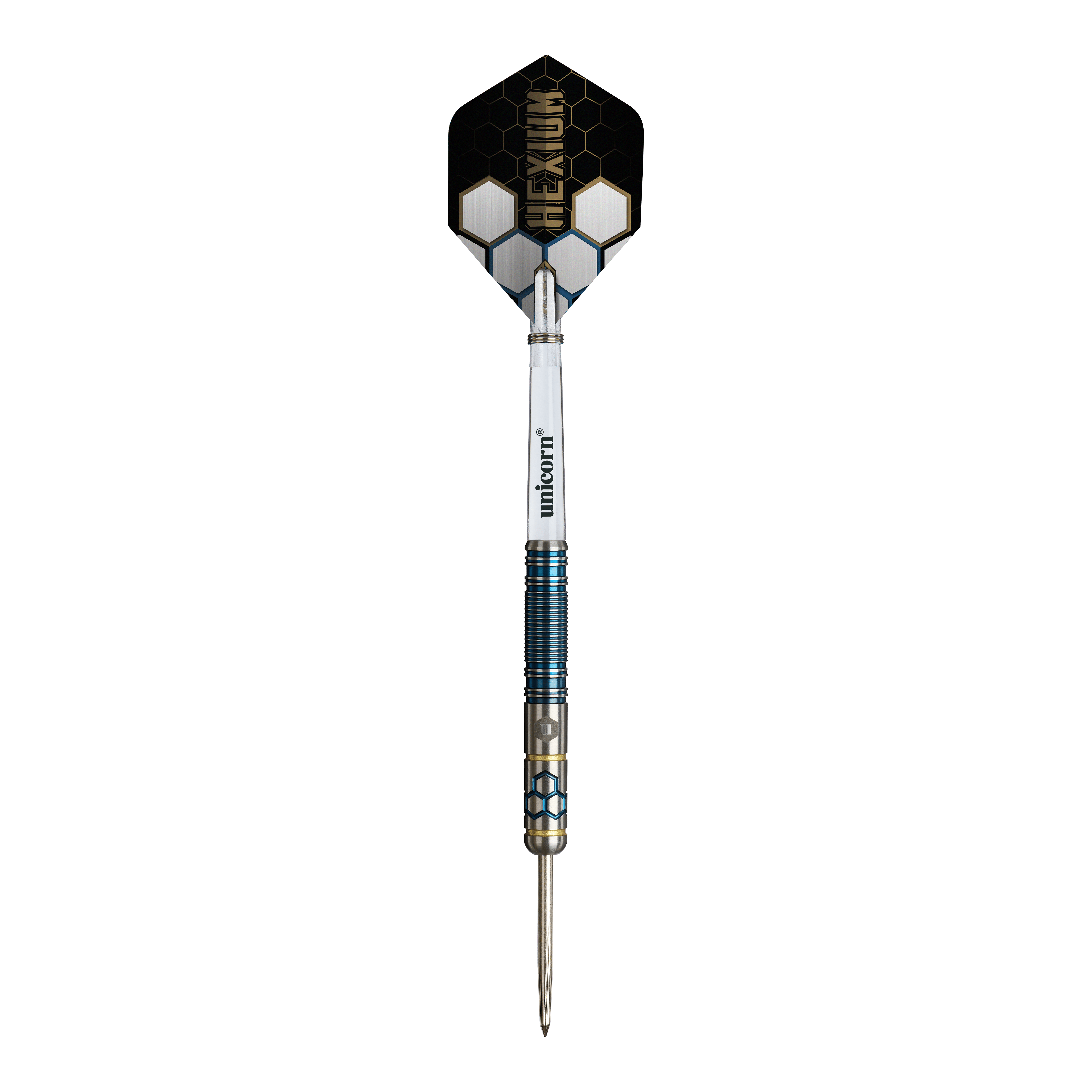 Unicorn Hexium Style 02 Blauw & Goud Steeldarts Abgebildet sind die Unicorn Hexium Style 02 Blue & Gold Steeldarts. Die Farbkombination aus Blau und Gold ist auffällig.