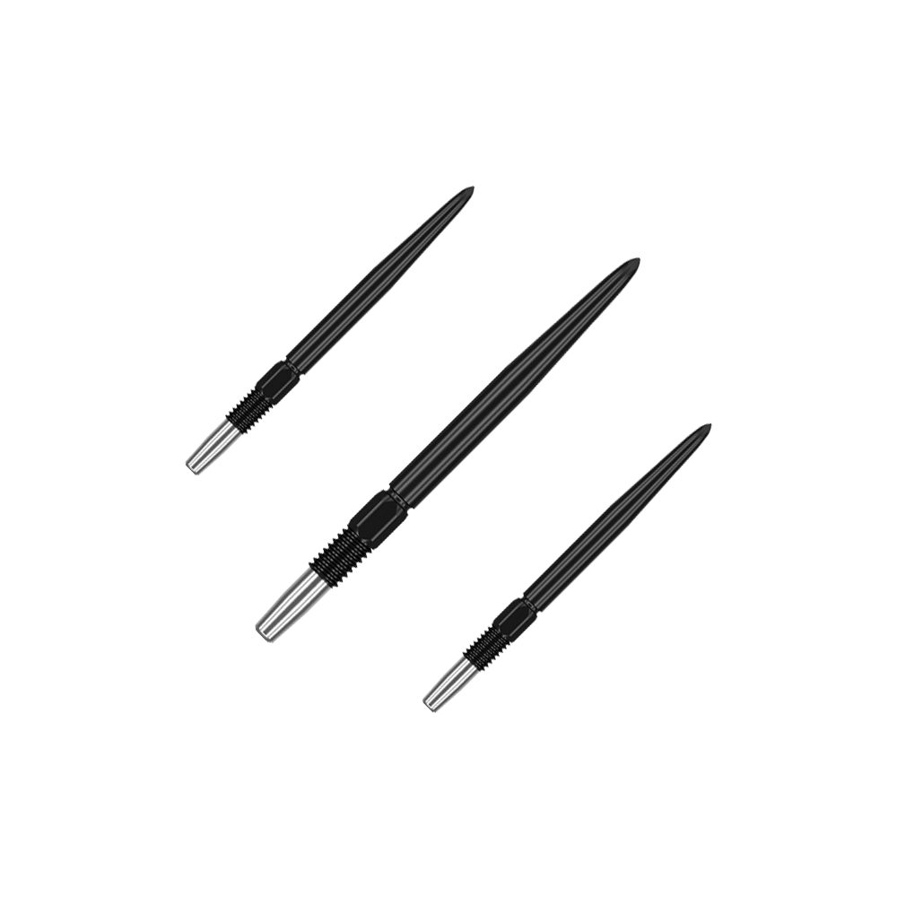 Target Swiss Point Black dartpunten Das Bild zeigt drei schwarze Dartspitzen mit silbernem Gewinde. Sie sind in unterschiedlicher Ausrichtung auf einem einfarbigen Hintergrund angeordnet.