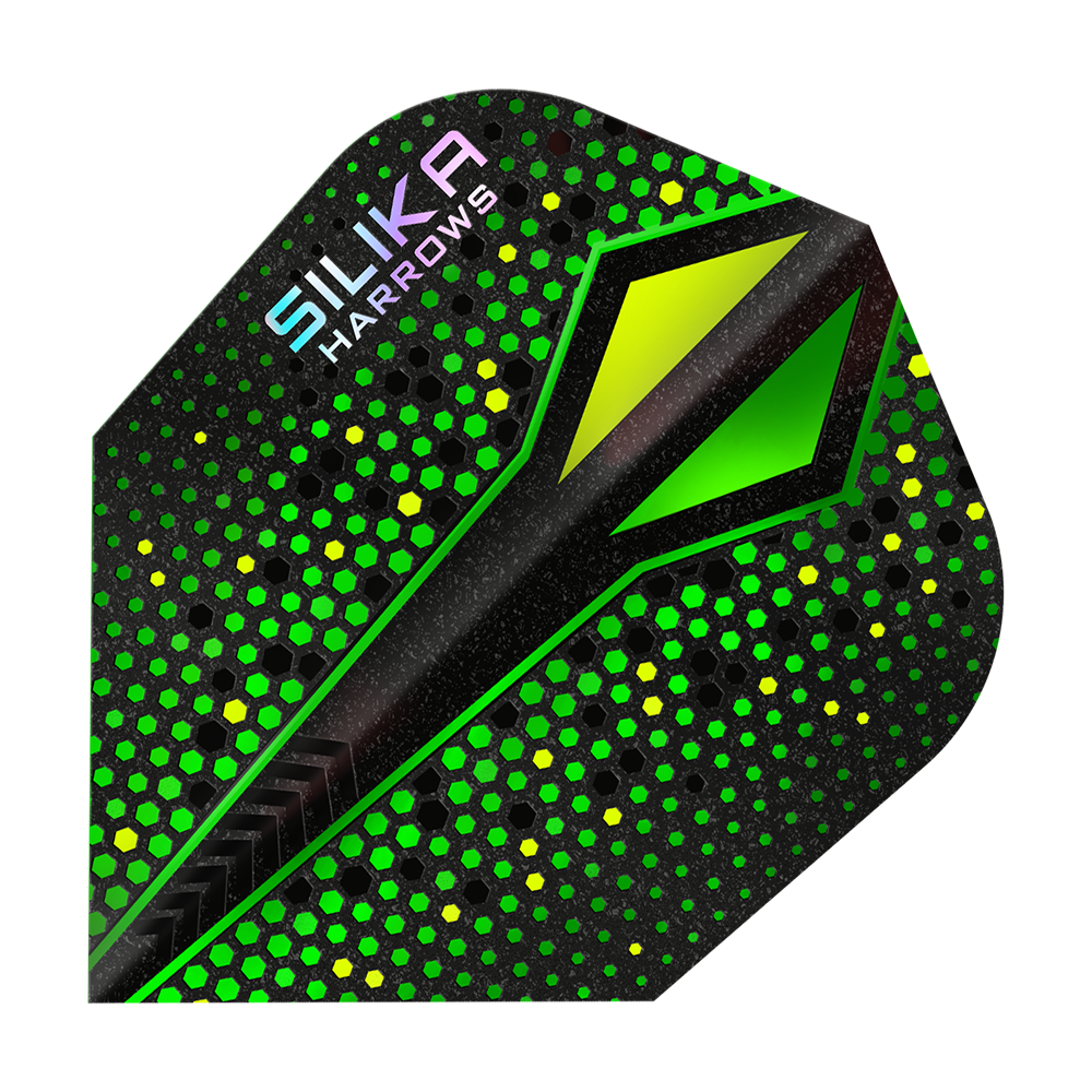 Harrows Silika Colorshift sterke kristallijne coating Green-X No6 Flights Das Bild zeigt ein Dart Flight mit dem Namen „Harrows Silika Colourshift Tough Crystalline Coating Green-X No6“. Es hat ein auffälliges Design mit grünen und gelben Hexagon-Mustern auf schwarzem Hintergrund.