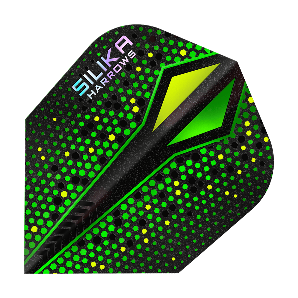 Harrows Silika Colorshift sterke kristallijne coating Green-X No6 Flights Abgebildet ist ein Flight der Harrows Silika Colourshift Tough Crystalline Coating Green-X No6 Flights. Es sind verschiedene Designelemente zu erkennen.