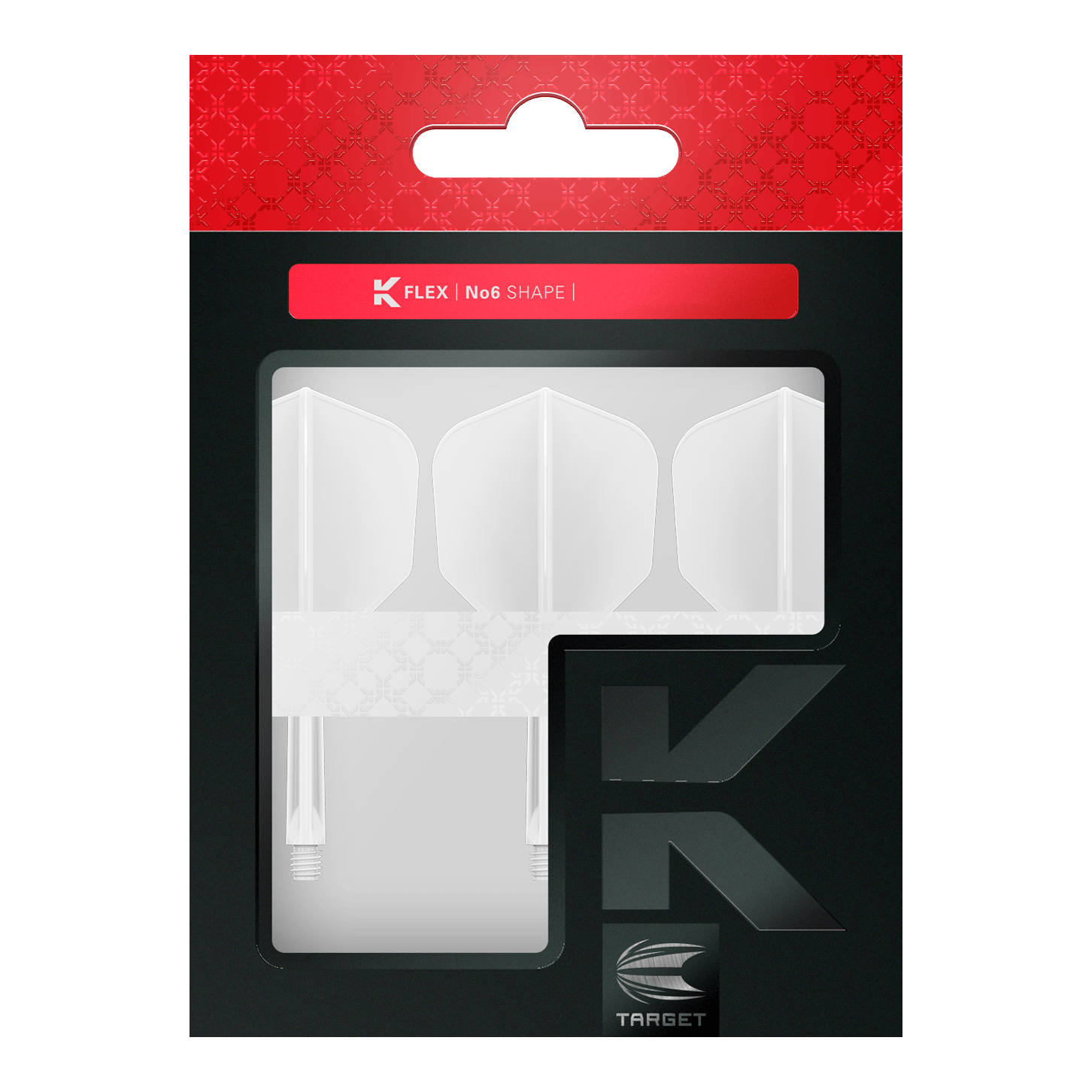 Target K-Flex No6 Vluchtsysteem - Wit Die Abbildung zeigt eine Packung mit weißen Dartflights und -shafts der Marke Target. Die Verpackung ist in Schwarz und Rot gehalten und trägt die Aufschrift "K FLEX | No6 SHAPE".