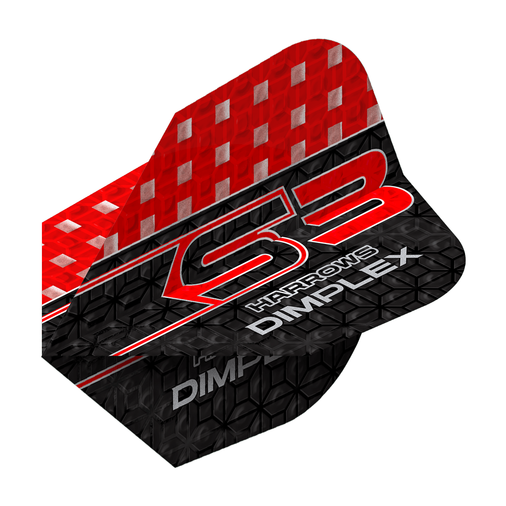 Harrows Dimplex S3 Flights - Rood Das Bild zeigt ein Harrows Dimplex S3 Flight in den Farben Rot und Schwarz. Auf dem Flight steht der Schriftzug "S3 Harrows Dimplex" in auffälligen Buchstaben.