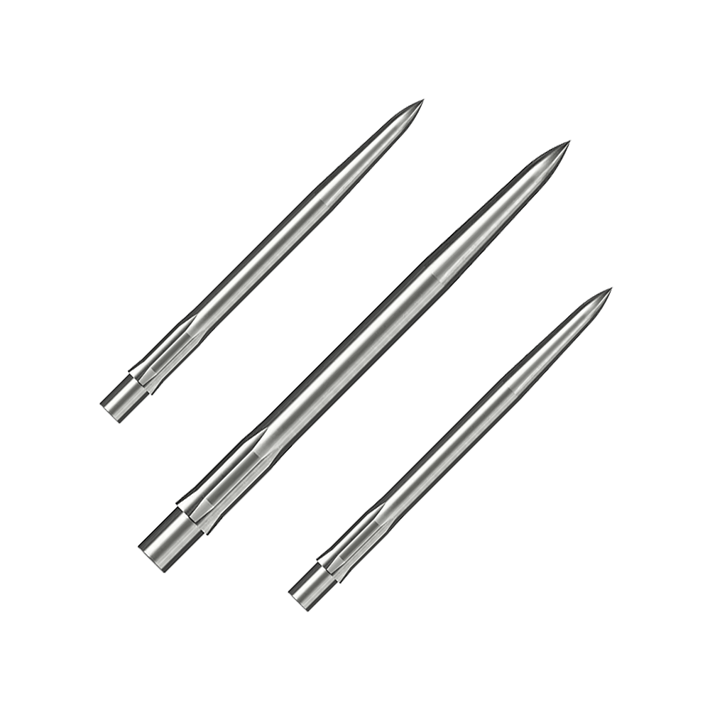 Caliburn System Steel Dart Tips - Glad - Zilver Auf dem Bild sind drei silberne, glatte Stahlspitzen für Dartpfeile zu sehen. Sie sind ordentlich nebeneinander angeordnet und haben eine Länge von 32 mm.