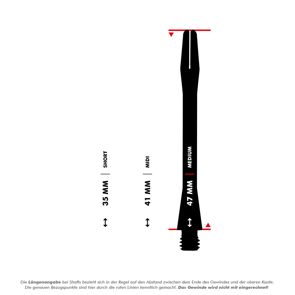 HR366_Harrows_Keramic_Shafts_5_47mmhPzYHInu0aDnG Das Bild zeigt die Harrows Keramic Shafts in Matt Schwarz mit drei verschiedenen Längenoptionen. Die Längen sind 35 mm (Short), 41 mm (Midi) und 47 mm (Medium), gemessen ab dem Ende des Gewindes bis zur Oberkante.
