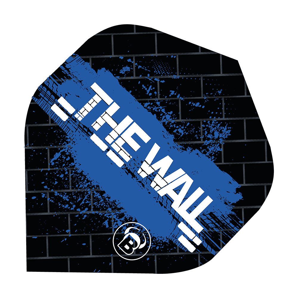 Bulls B-Star Martin Schindler Zwart Blauw No2 Standaard Vluchten Das Bild zeigt ein Dartflight im schwarzen und blauen Design mit der Aufschrift "THE WALL". Im Hintergrund ist ein Ziegelmuster zu sehen, und unten befindet sich ein rundes Logo mit einem "B".