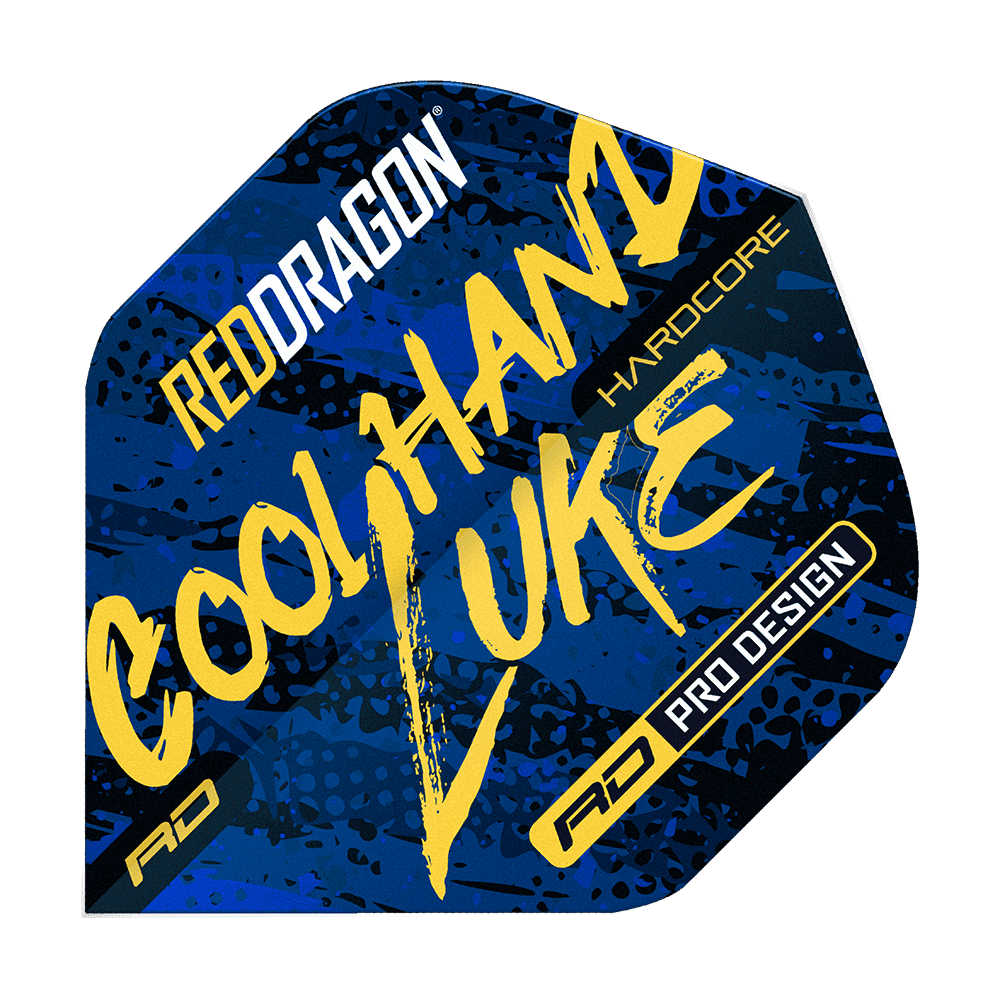 TF6864_Red_Dragon_Hardcore_Luke_Humphries_Signature_Blue_Standard_Flights_1 Das Bild zeigt das Produkt "Red Dragon Hardcore Luke Humphries Signature Blue Standard Flights". Die Flight ist blau mit gelber und weißer Schrift und auffälligem Design bedruckt.