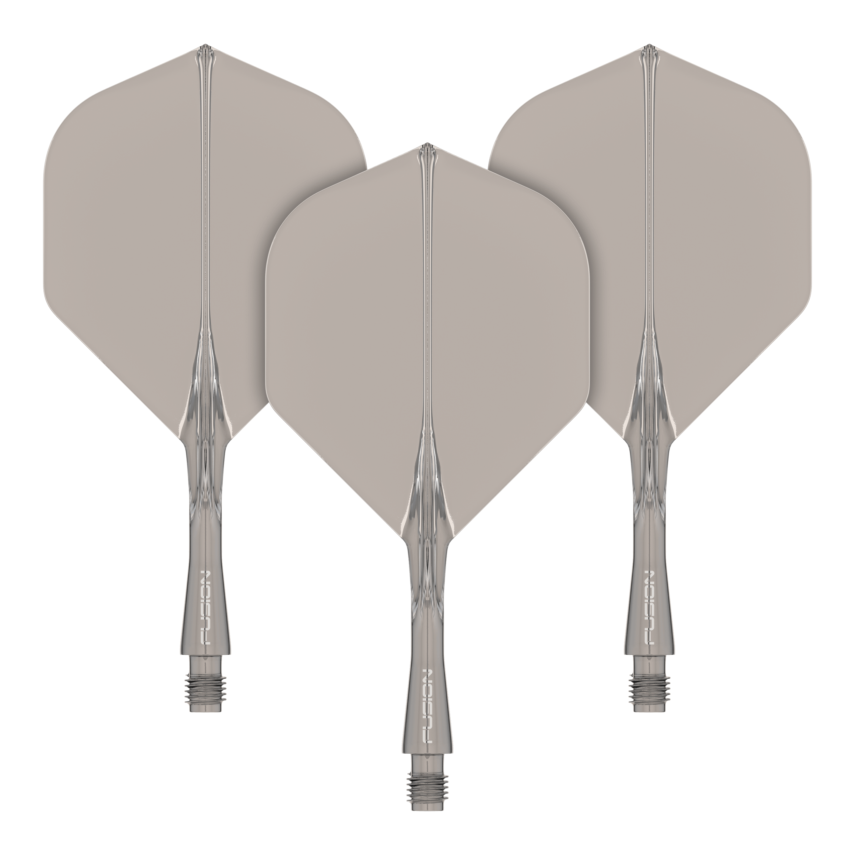 Winmau Fusion Flight Shaft System Standaard Smokey Das Bild zeigt drei graue Dart-Flights mit transparenten Schäften. Sie sind ordentlich nebeneinander angeordnet und haben eine standardisierte Pfeilform.