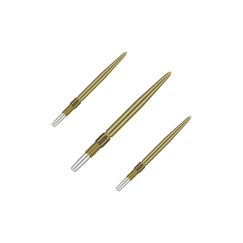 Target Swiss Point Gold darttips Eine Packung kurze Dartspitzen mit goldener Oberfläche liegt offen da. Die Spitzen sind gleichmäßig angeordnet.