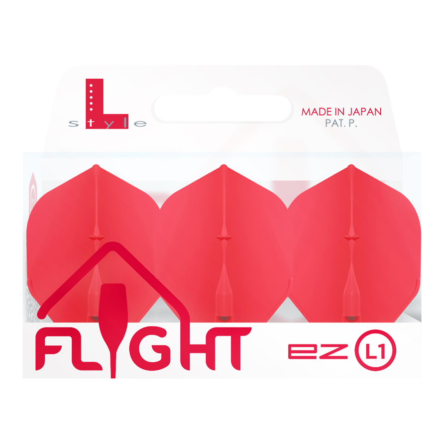 L-Style Champagne L1EZ Standaard Vluchten Das Bild zeigt eine Packung mit roten L-Style Champagne L1EZ Standard Flights. Die Verpackung ist durchsichtig und trägt die Aufschrift "Made in Japan".