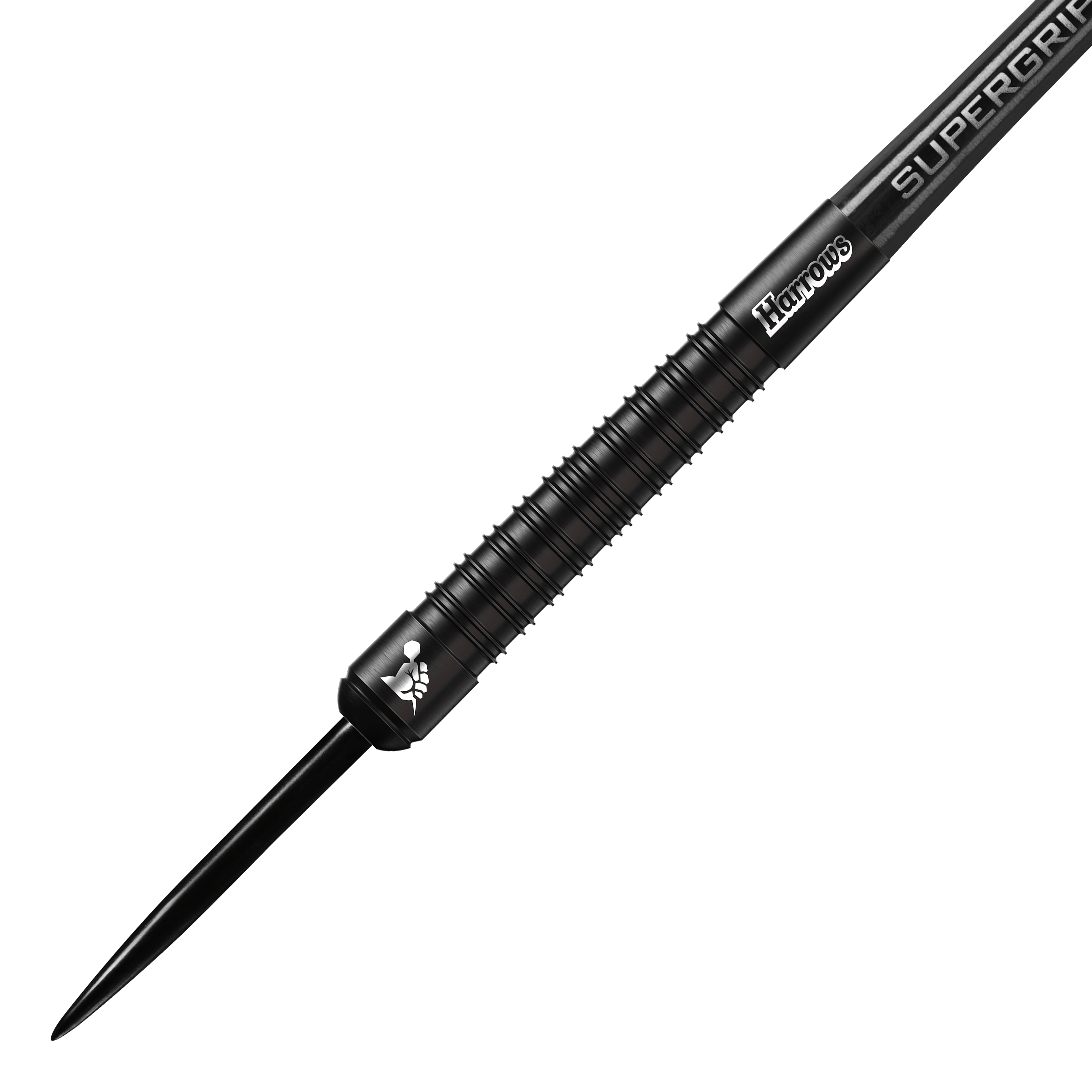 Harrows Supergrip Black Edition stalen darts Das Bild zeigt einen schwarzen Steeldart der Marke Harrows aus der Supergrip Black-Edition. Der Dart hat ein geriffeltes Griffstück und ein elegantes, komplett schwarzes Design.