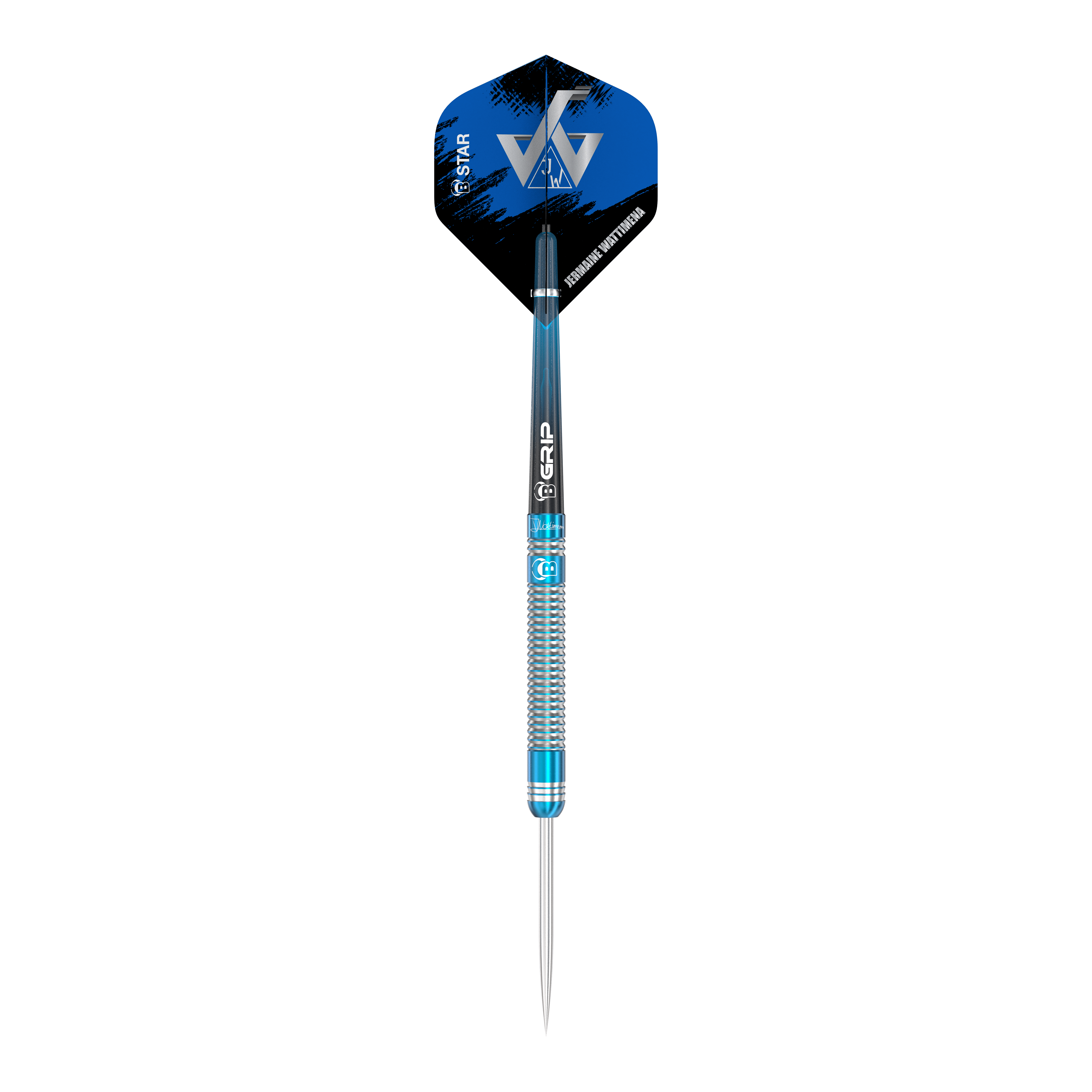 Bulls Jermaine Wattimena Generatie 3 steel darts Das Bild zeigt einen Steeldart aus der Serie "Bulls Jermaine Wattimena Generation 3". Der Dart ist silberfarben mit blauen Akzenten und hat ein modernes Flight-Design.