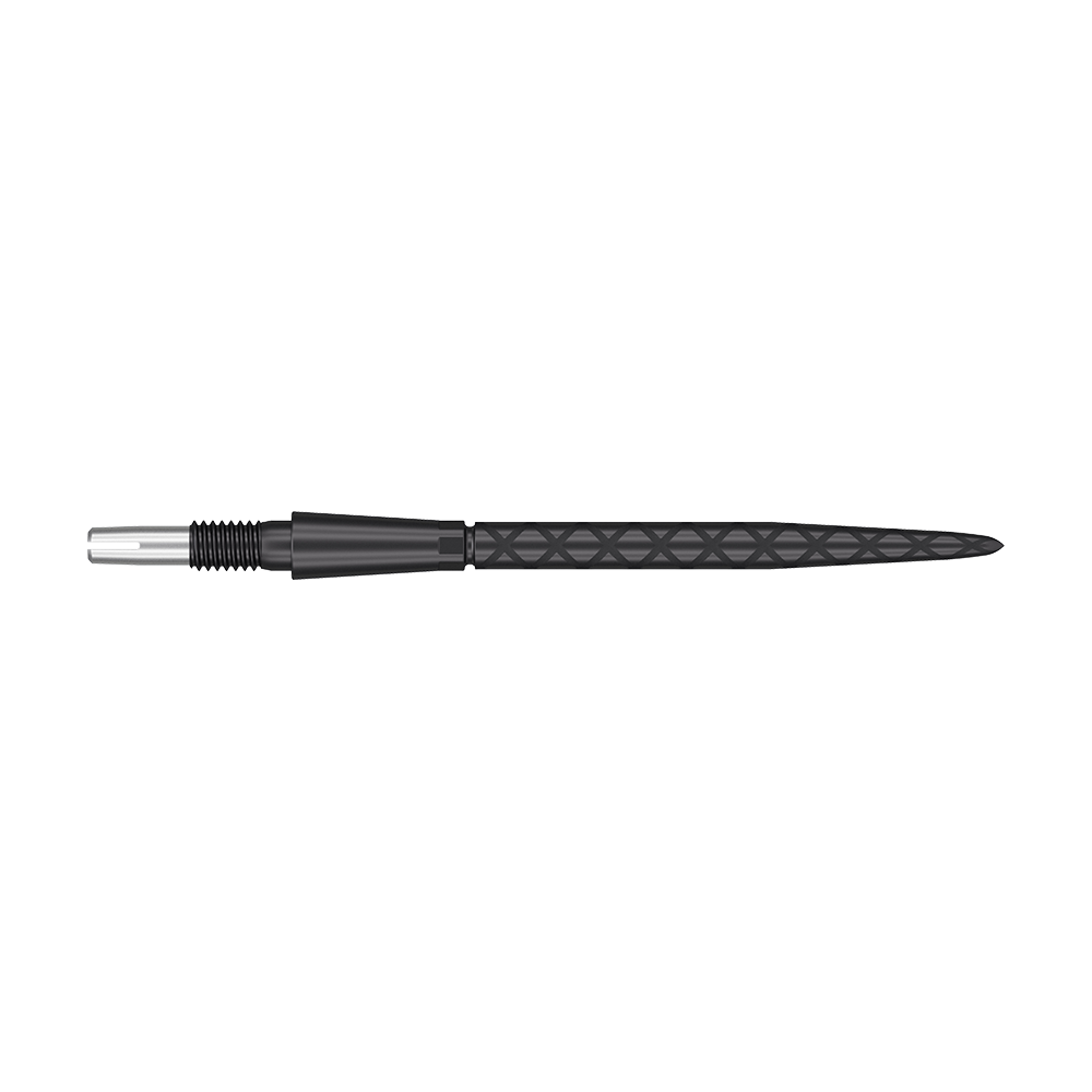 Target Swiss Storm Diamond Point Dartpunten - Zwart Das Bild zeigt eine schwarze Dartspitze mit einer feinen, rautenförmigen Gravur. Die Spitze ist lang und schmal, mit silbernen und schwarzen Elementen.