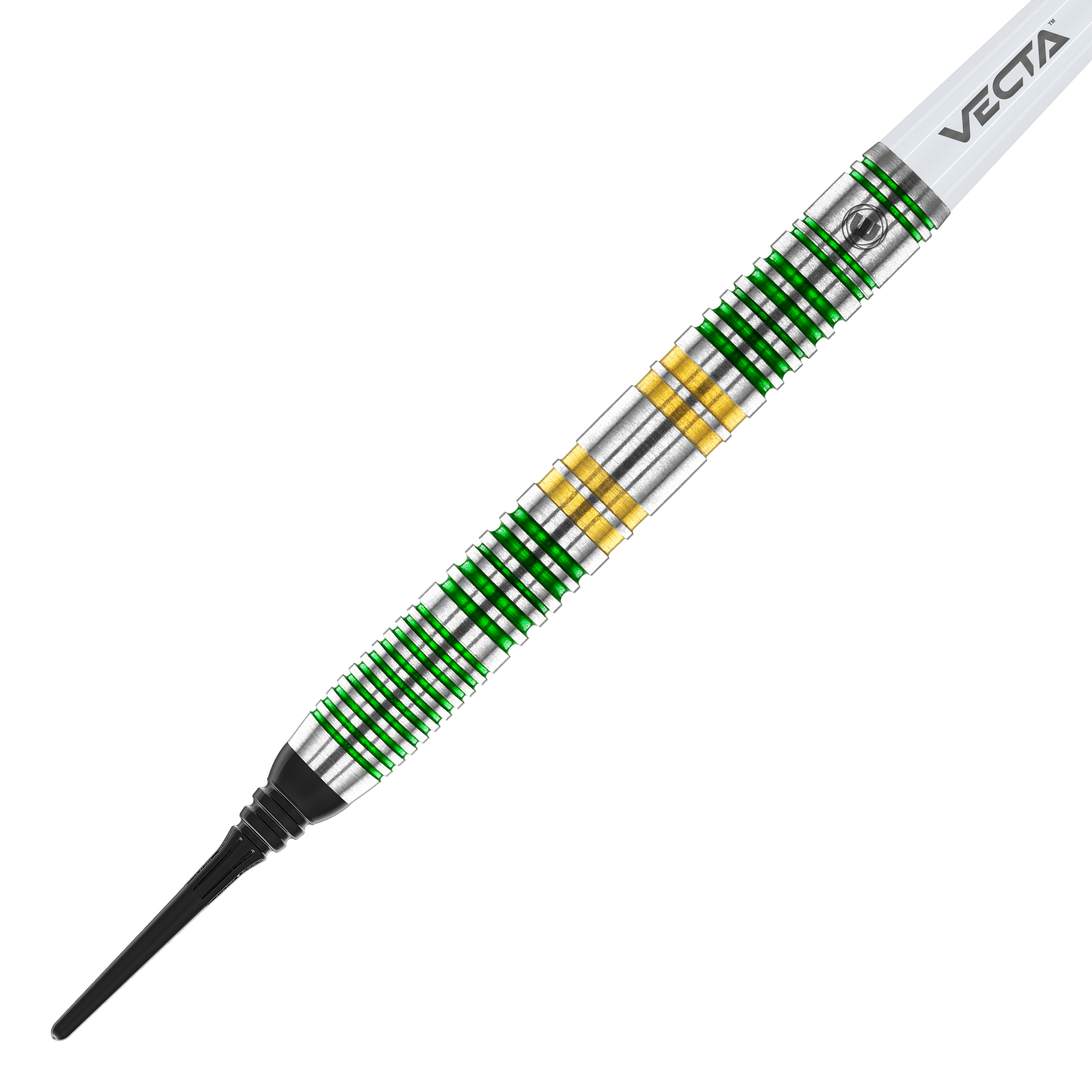 Winmau Xenon Softdarts - 20g Das Bild zeigt einen Winmau Xenon Softdart mit einem Gewicht von 20 Gramm. Der Dartpfeil hat silberne, grüne und goldene Ringe und eine schwarze Spitze.