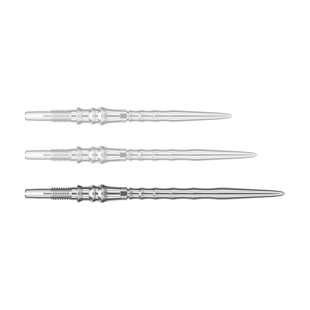 Target Japan Premium Swiss Point Dart Tips - Zilver Abgebildet ist eine einzelne silberne SwissPoint-Dartspitze mit einer Länge von 40 mm. Die Spitze gehört zur Target Japan Premium Serie.