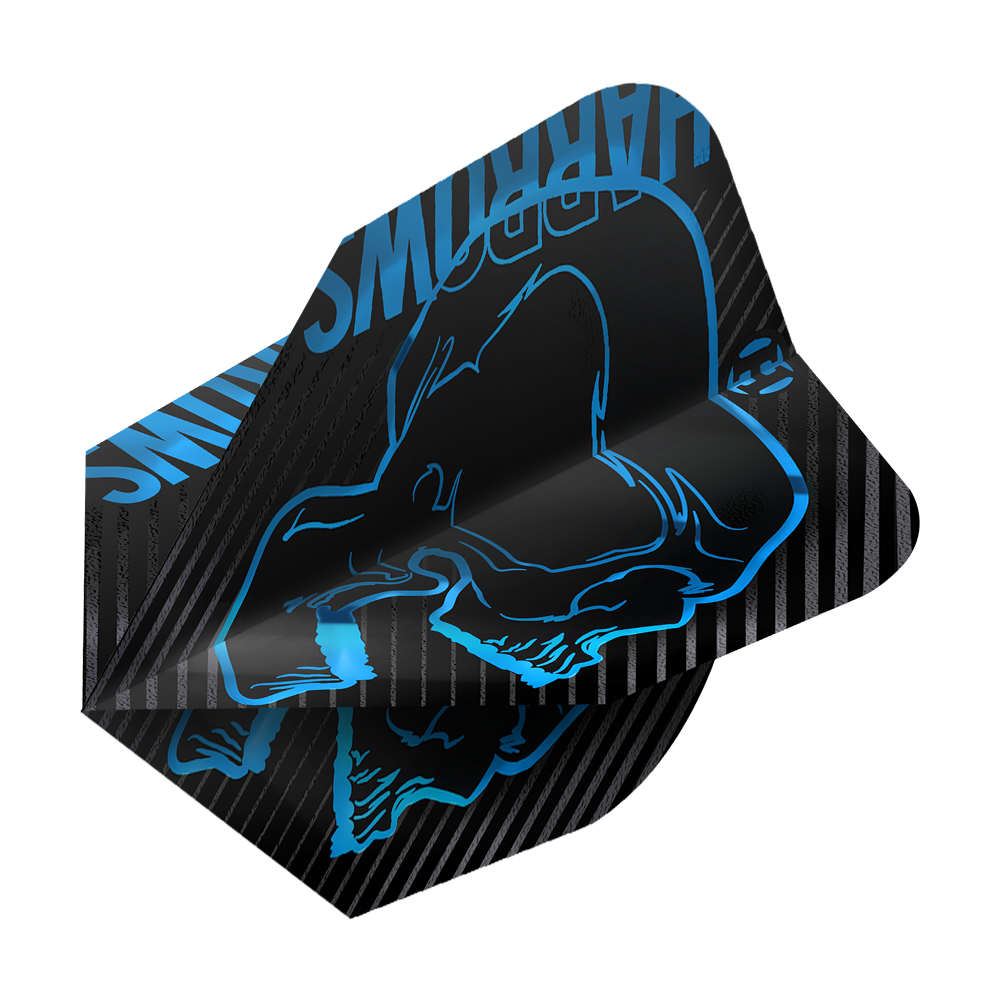 Harrows Rage Aqua No. 6 Vluchten Das Bild zeigt ein Dart-Flight des Modells "Harrows Rage Aqua No6". Das Flight ist schwarz mit einem blauen Motiv und Schriftzug gestaltet.