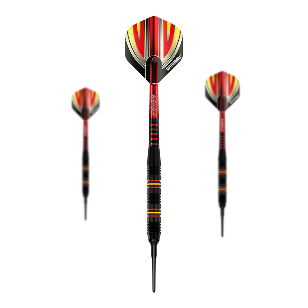 Winmau Outrage V2 Zwart gecoate messing softdarts - 18g Das Bild zeigt drei Softdarts des Modells "Winmau Outrage V2 Black Coated Brass" mit 18 Gramm Gewicht. Die Darts sind überwiegend schwarz und rot mit gelben Akzenten und haben eine auffällige, moderne Optik.