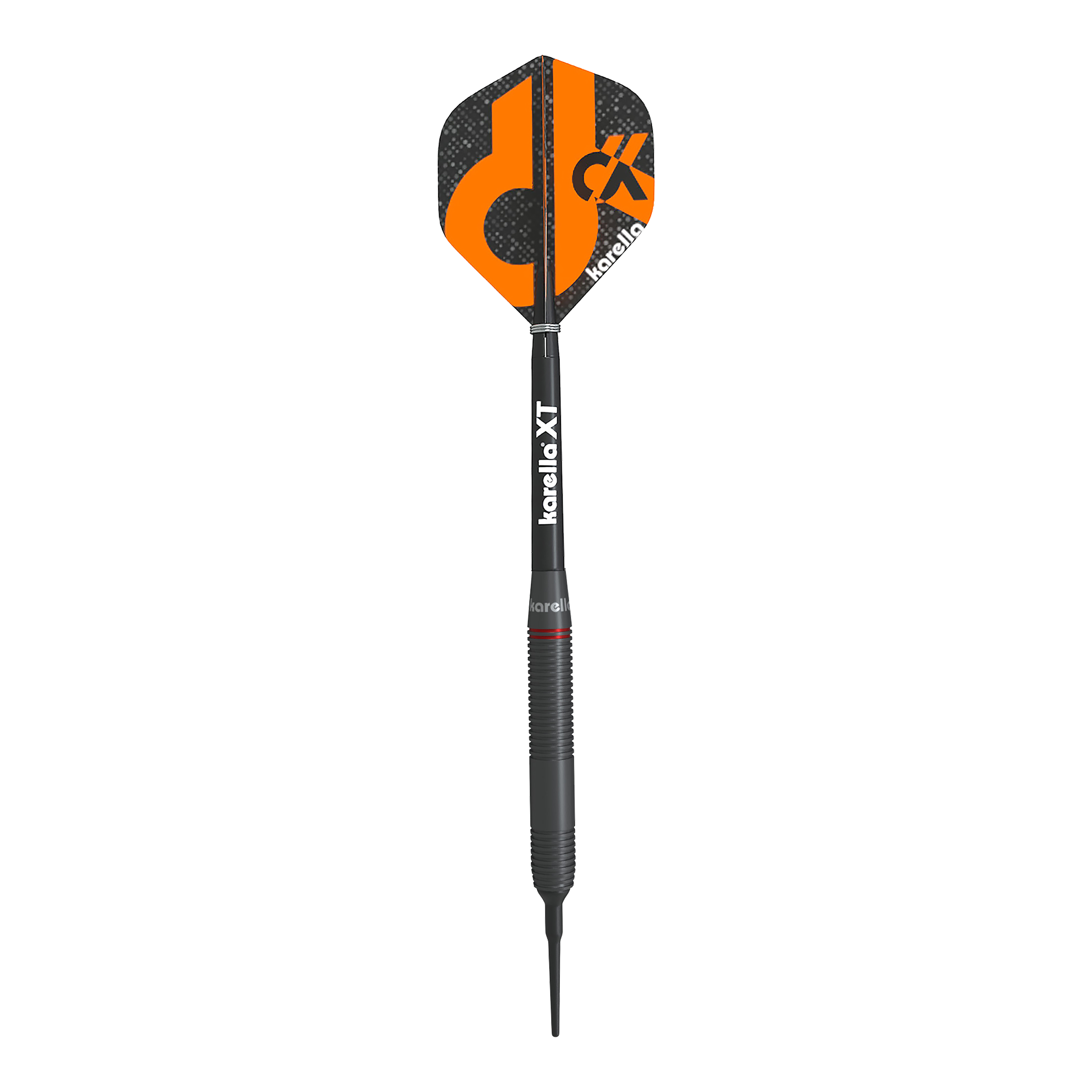 Karella Daniel Klose zachte pijltjes Das Bild zeigt einen Softdart der Marke Karella, Modell Daniel Klose. Der Dartpfeil hat eine schwarze Spitze und ein schwarzes Flight mit orangefarbenem Design und dem Karella-Logo.