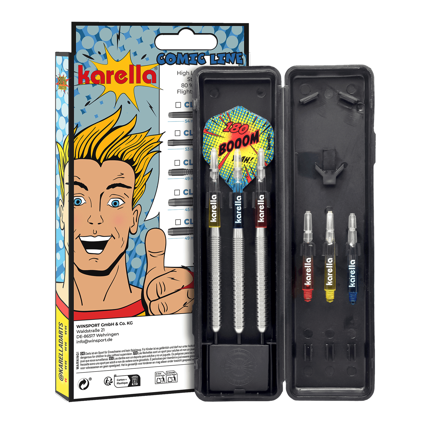 Karella Comic Line CL-1 stalen dartpijlen - 22 g Hier sehen Sie den Karella Comic Line CL-1 Steeldarts - 22g. Das Foto präsentiert Details des Dartpfeils.