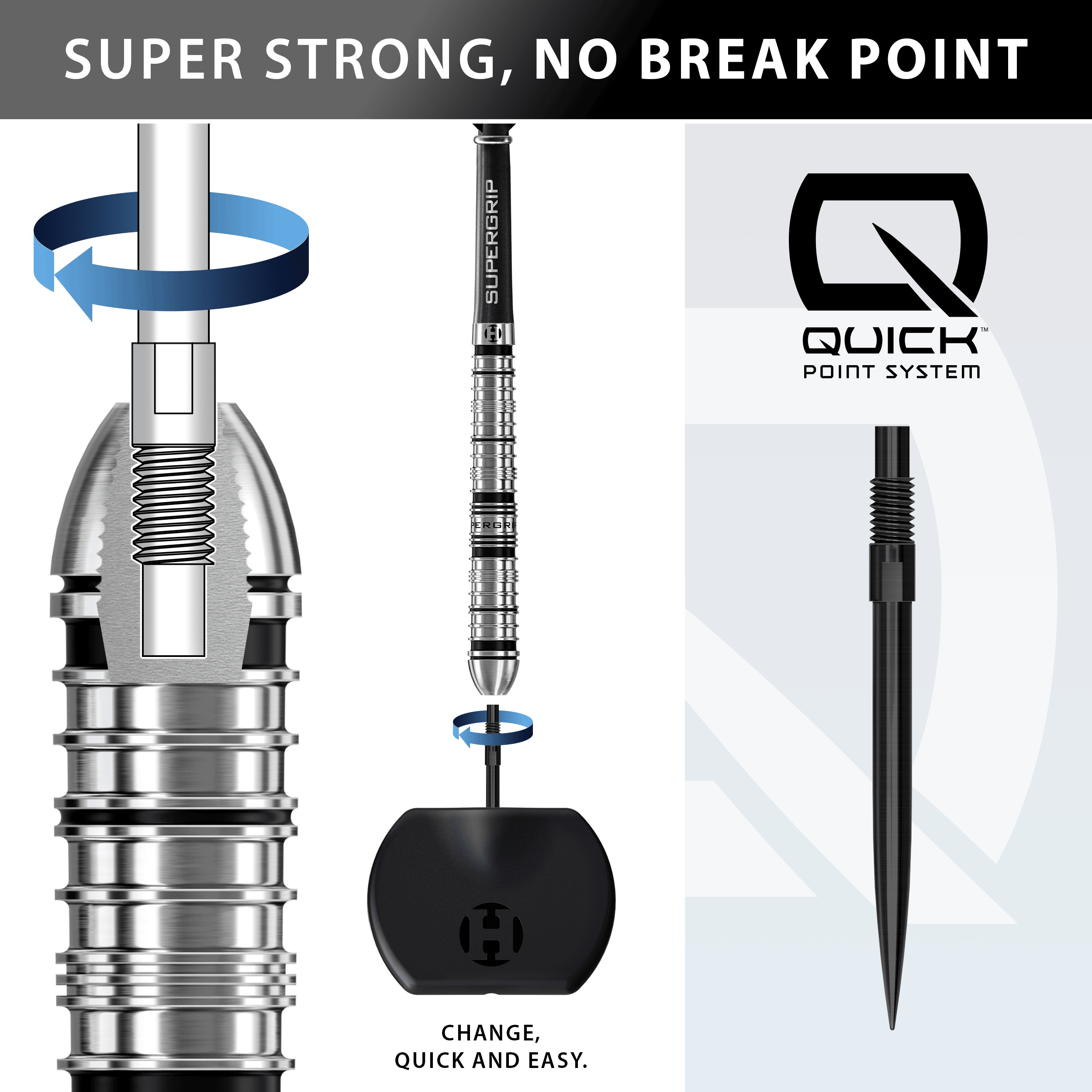 Harrows Supergrip Tapered Quick Point stalen dartpijlen Gezeigt werden die Harrows Supergrip QP Tapered Quick Point Steeldarts. Sie sind besonders für ambitionierte Spieler geeignet.