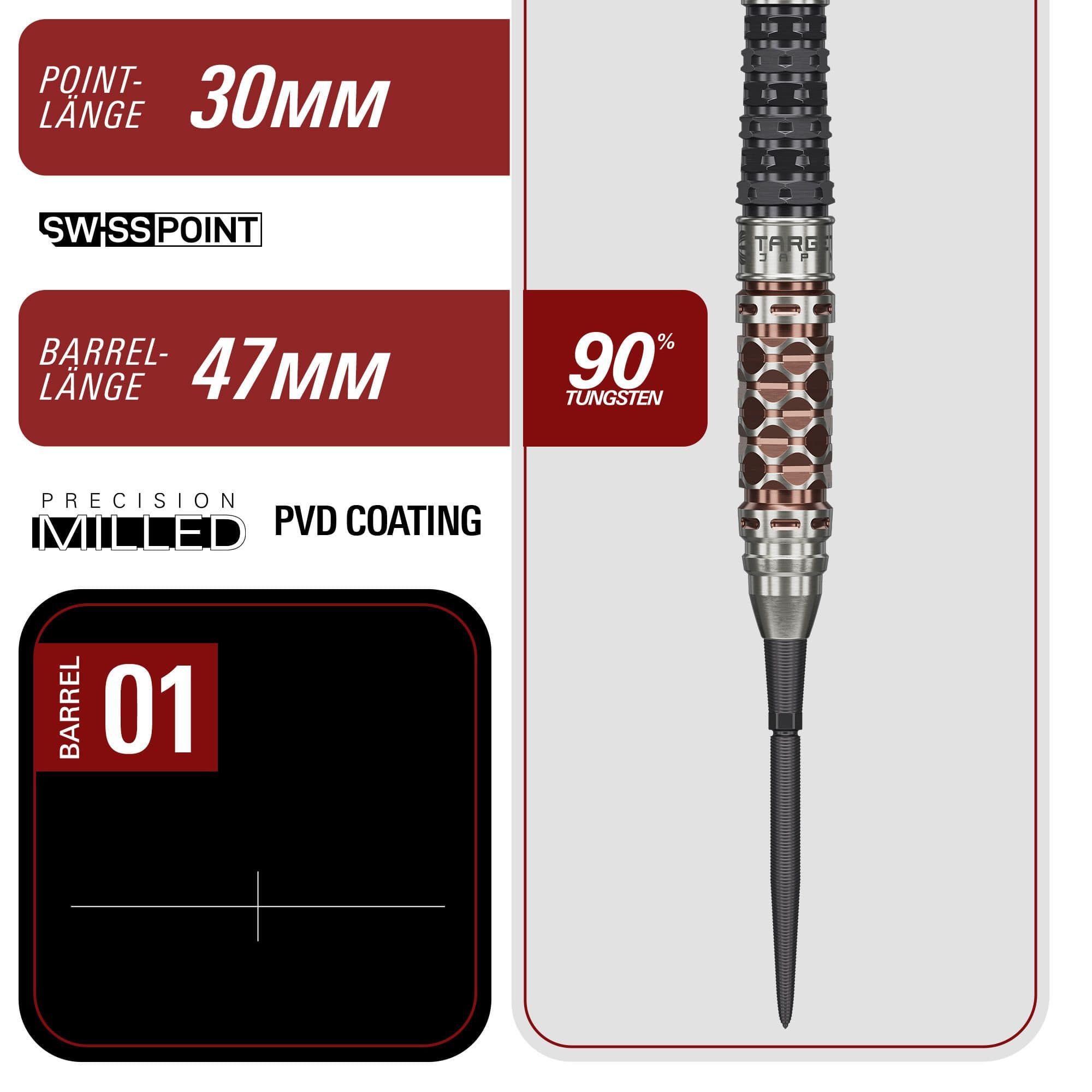 Hier sieht man die Target Japan Charis GEN6 Swiss Point Steeldarts mit 23g Gewicht. Das Produkt besticht durch sein modernes und funktionales Design.