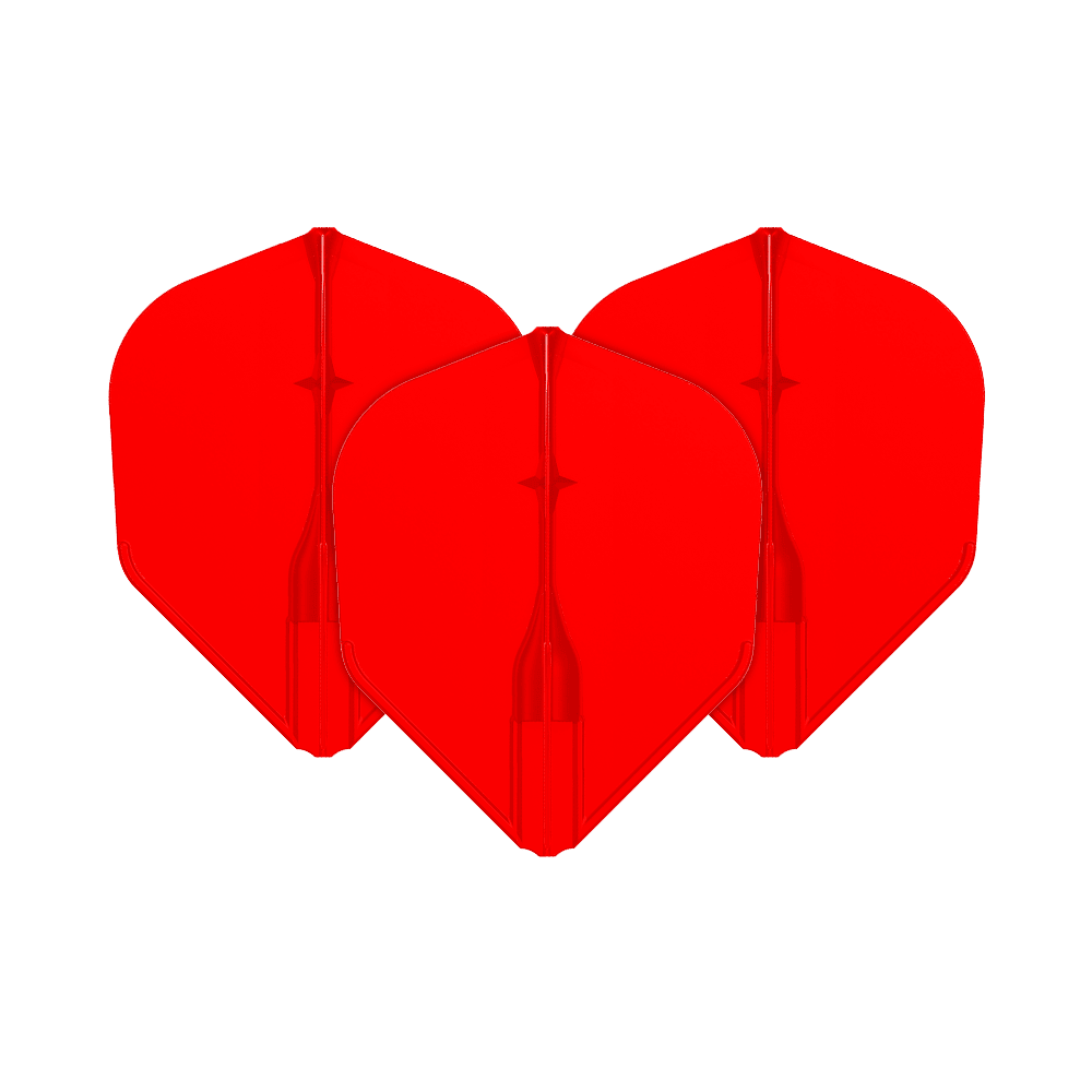 L-L-Style3EZ-vluchten Auf dem Bild sind drei rote Dart-Flights zu sehen. Sie sind nebeneinander angeordnet und haben eine klassische Pfeilform.