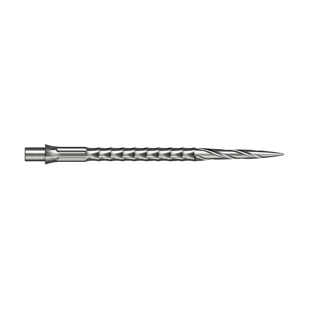 Die Abbildung zeigt ein silbernes Steeldartspitze aus dem Caliburn Evo System. Die Spitze hat ein Spiro NoLip Design und eine Länge von 40 mm.