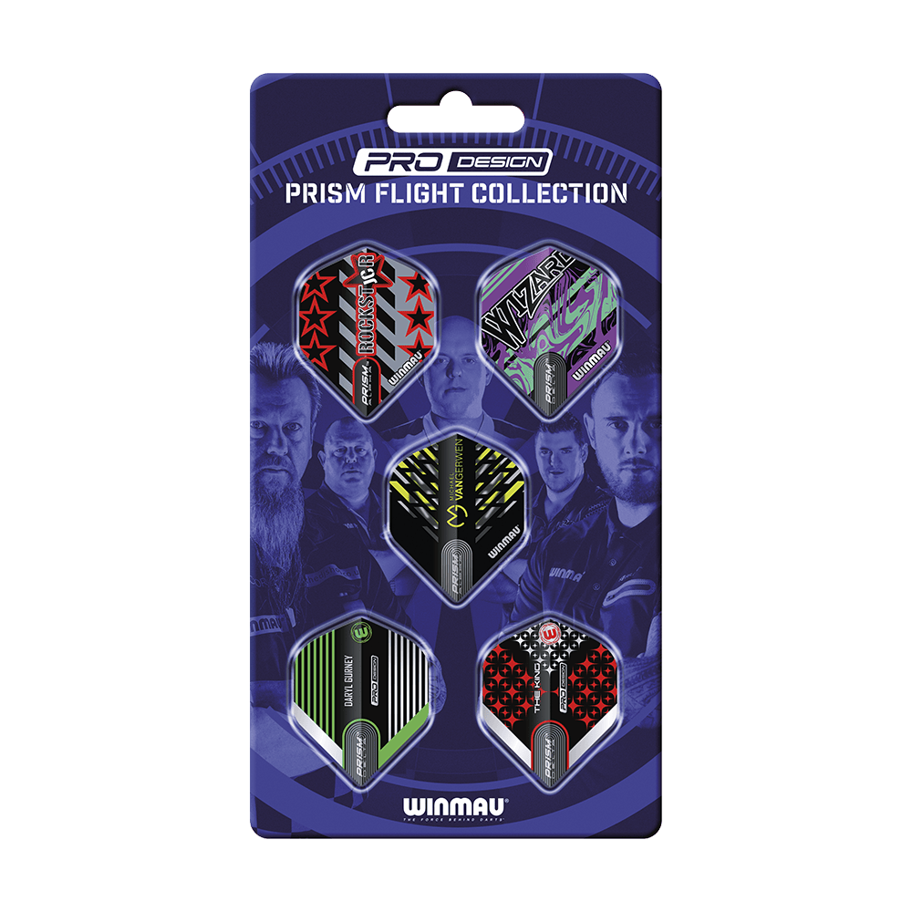 8140_Winmau_Players_Pro_Design_Prism_Flight_Collection_1 Das Bild zeigt die "Winmau Players Pro Design Prism Flights Collection". Auf der Verpackung sind fünf verschiedenfarbige Dart-Flights in einem ansprechenden Design zu sehen.