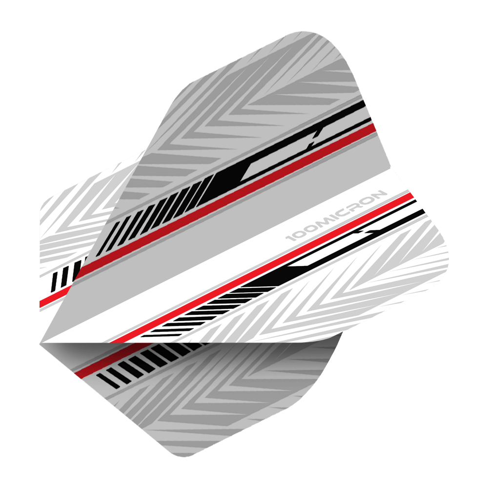 Pentathlon Flights wit/zwart/rood Das Bild zeigt ein Dart-Flight mit dem Namen "Pentathlon White Black Red No2 Standard Flights". Es ist überwiegend weiß und grau mit schwarzen und roten Akzenten und geometrischem Muster gestaltet.