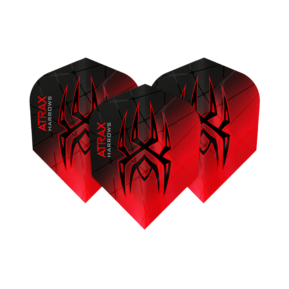 Harrow's Atrax Prime No6-vluchten Das Bild zeigt drei Harrows Atrax Prime No6 Flights in Schwarz und Rot mit einem markanten Spinnennetz-Design. Auf jedem Flight steht der Name "Atrax Harrows" an der Seite.