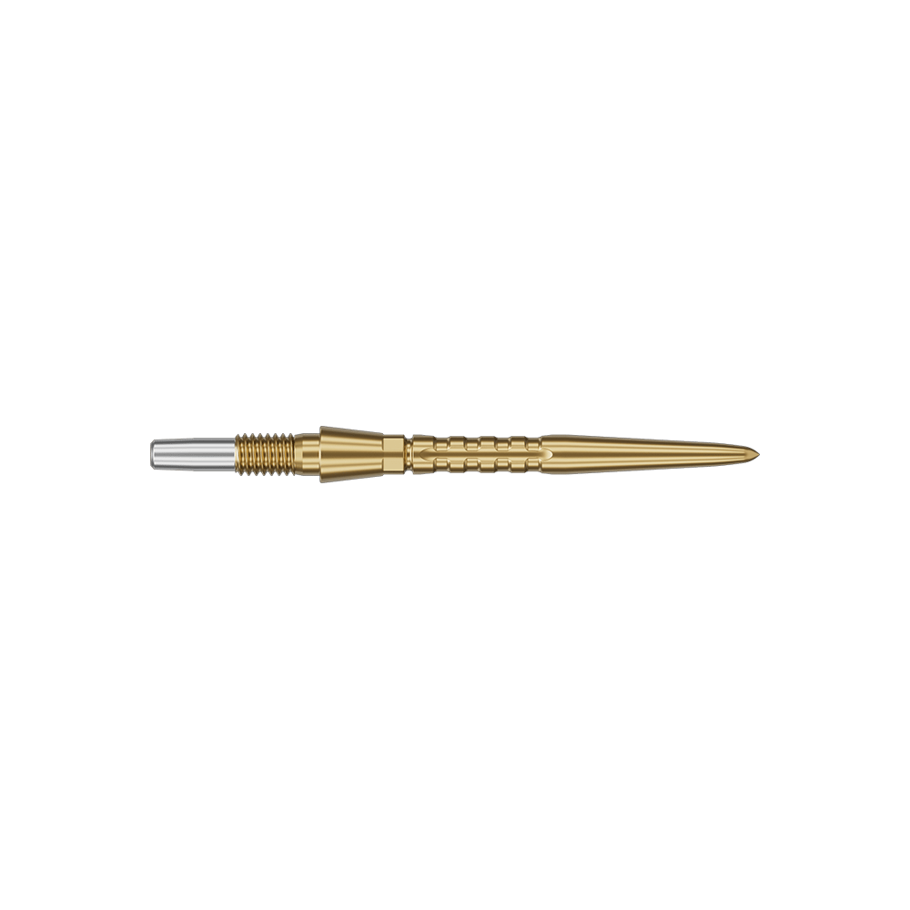 Auf dem Bild ist eine goldfarbene Steeldartspitze zu sehen. Sie hat eine schlanke, spitz zulaufende Form mit einem silbernen Ende.