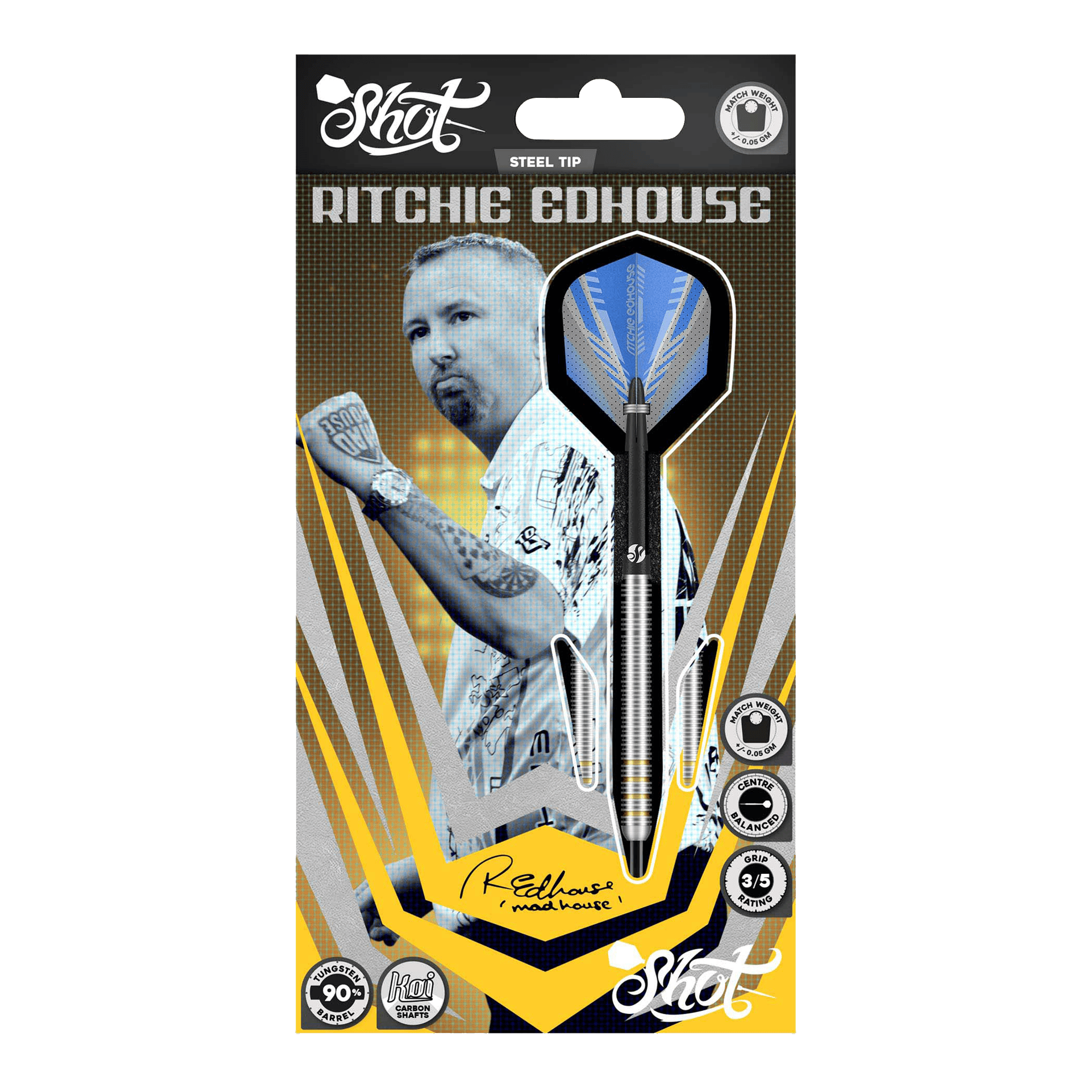 Shot Ritchie Edhouse Core Steel Darts Das Bild zeigt die Shot Ritchie Edhouse Core Steeldarts aus einer anderen Perspektive. Die Darts sind präzise verarbeitet und ideal für Profis.