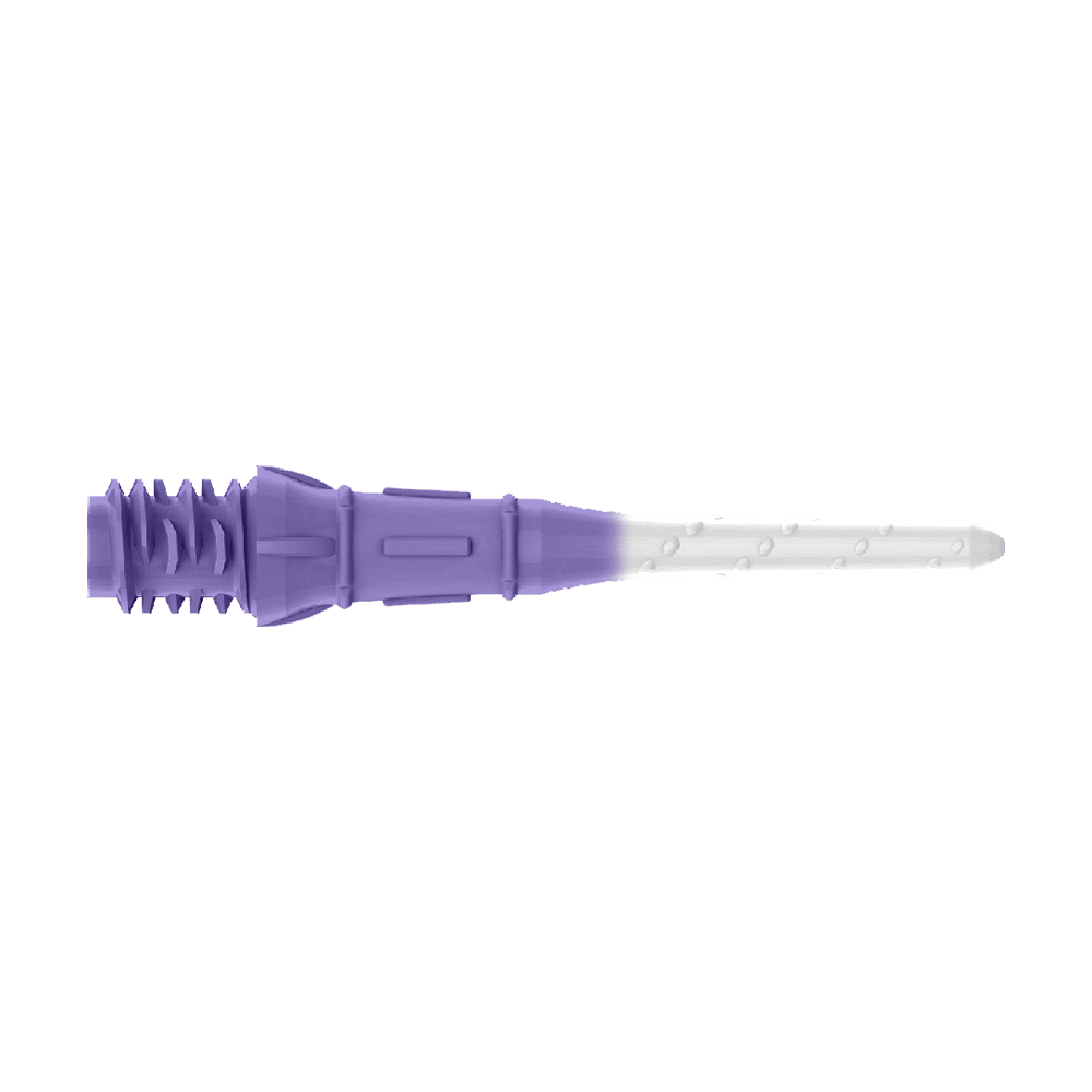 L-Style Premium Two Tone Lippoints (verpakking van 30) Das Bild zeigt eine zweifarbige Dartspitze in Lila und Weiß. Der vordere Teil ist weiß, während der hintere Teil lila ist.