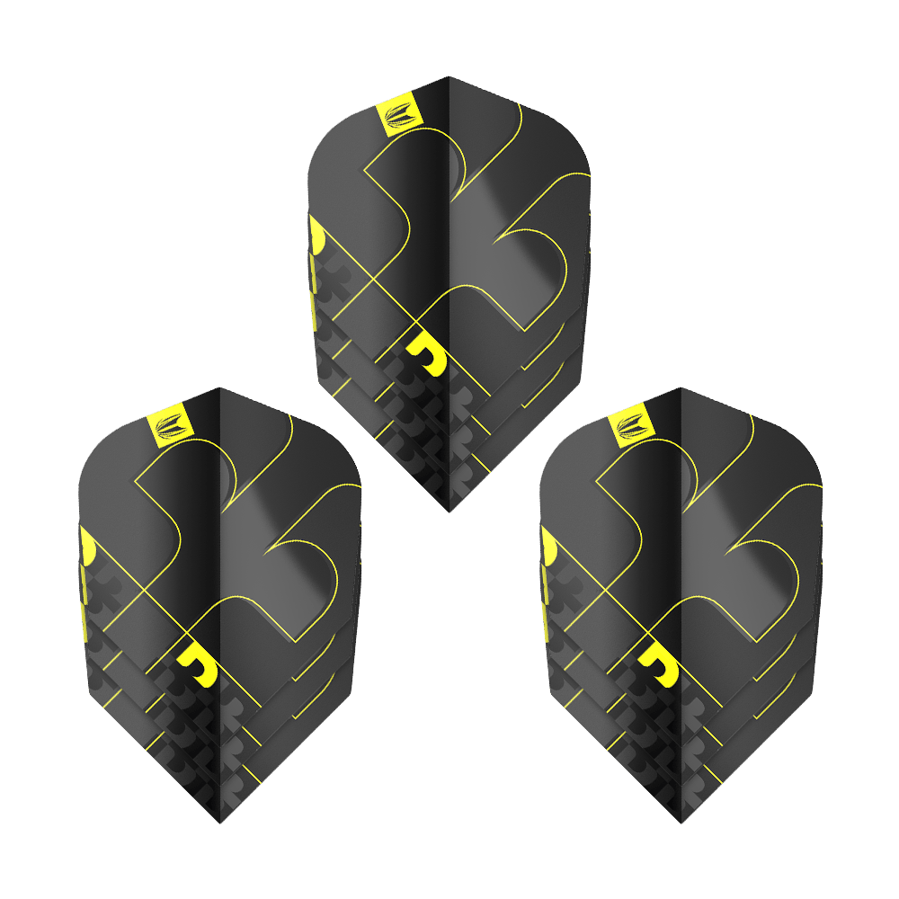 Target ProUltra Bolide Void No6 Vluchten Das Bild zeigt drei Target ProUltra Bolide Void No6 Flights. Die Flights sind schwarz mit gelben Akzenten und besitzen ein modernes, geometrisches Design.