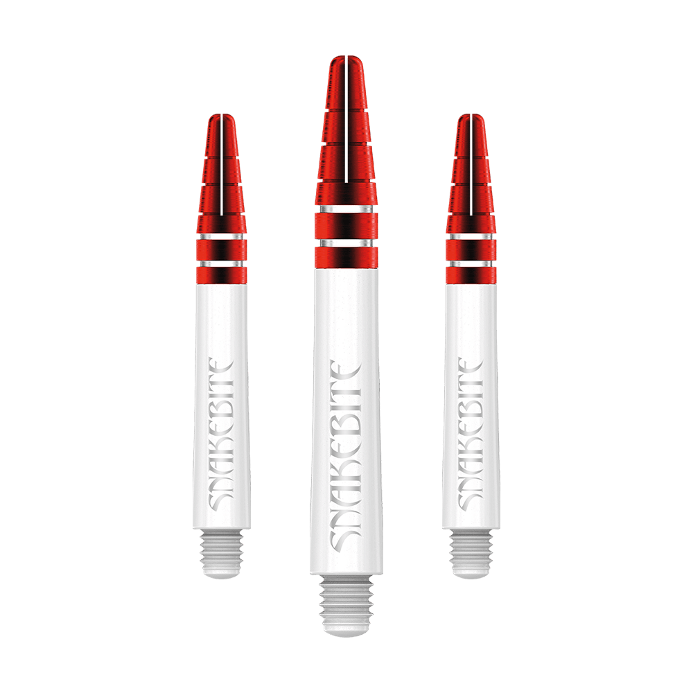 C803_Red_Dragon_Nitrotech_Peter_Wright_White_Red_Shafts_39mm_1 Das Bild zeigt drei rote und weiße Dartschäfte mit der Aufschrift "Snakebite". Es handelt sich um das Produkt "Red Dragon Nitrotech Peter Wright Red Shafts - 39mm".