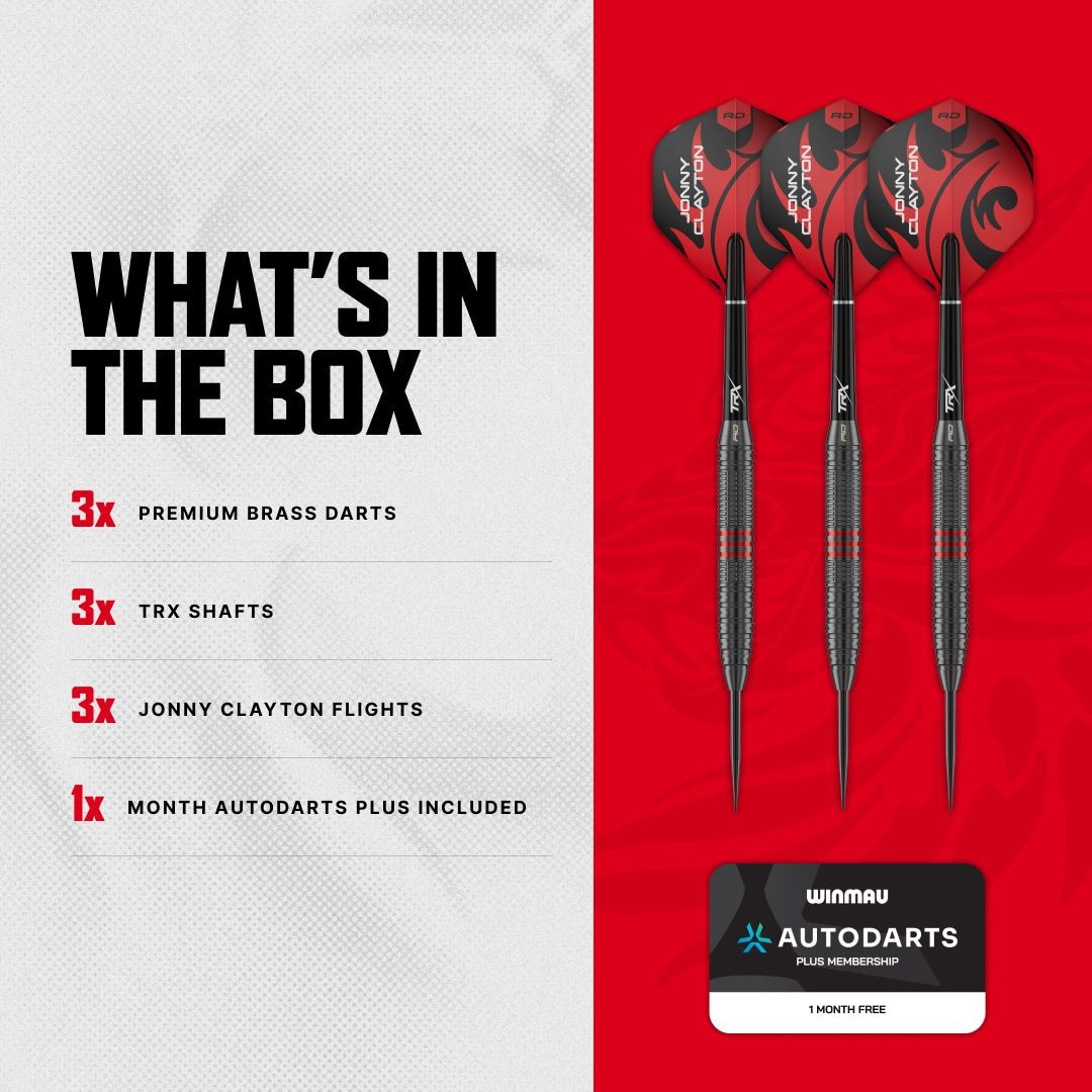 Red Dragon Jonny Clayton Core Brass Steeldarts - 21 g Abgebildet sind die Red Dragon Jonny Clayton Core Brass Steeldarts - 21g. Die Darts liegen in einer Reihe und ihre Spitzen sind gut sichtbar.
