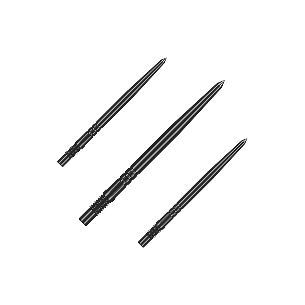 Shot Turbo Point dartpunten - Zwart Mehrere schwarze Dartspitzen gleicher Bauart liegen nebeneinander. Die Spitzen sind ein Zubehör für Steeldarts.