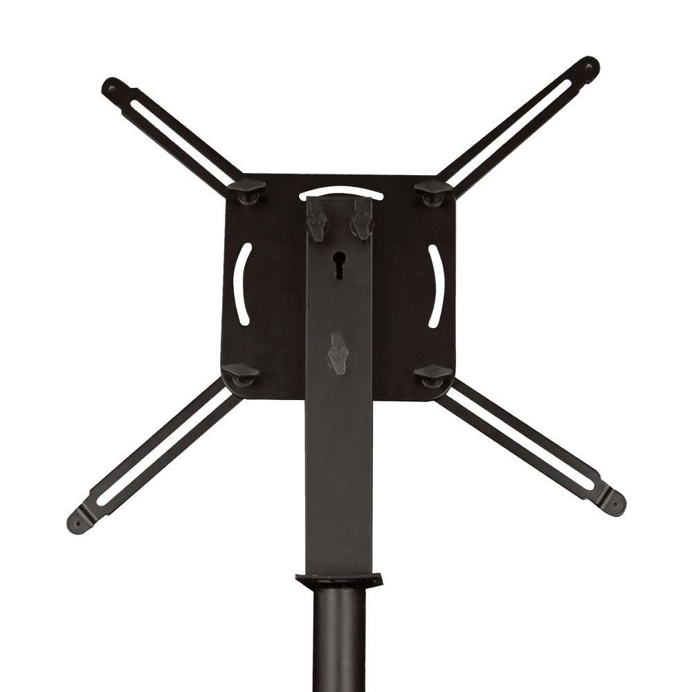 1702_McDart_Hybrid_2_Pro_Dartboardst-nder_5 Das Bild zeigt den McDart Hybrid Pro Tripod Dartboardständer. Der Dartboardständer ist schwarz und hat vier ausklappbare Halterungen.