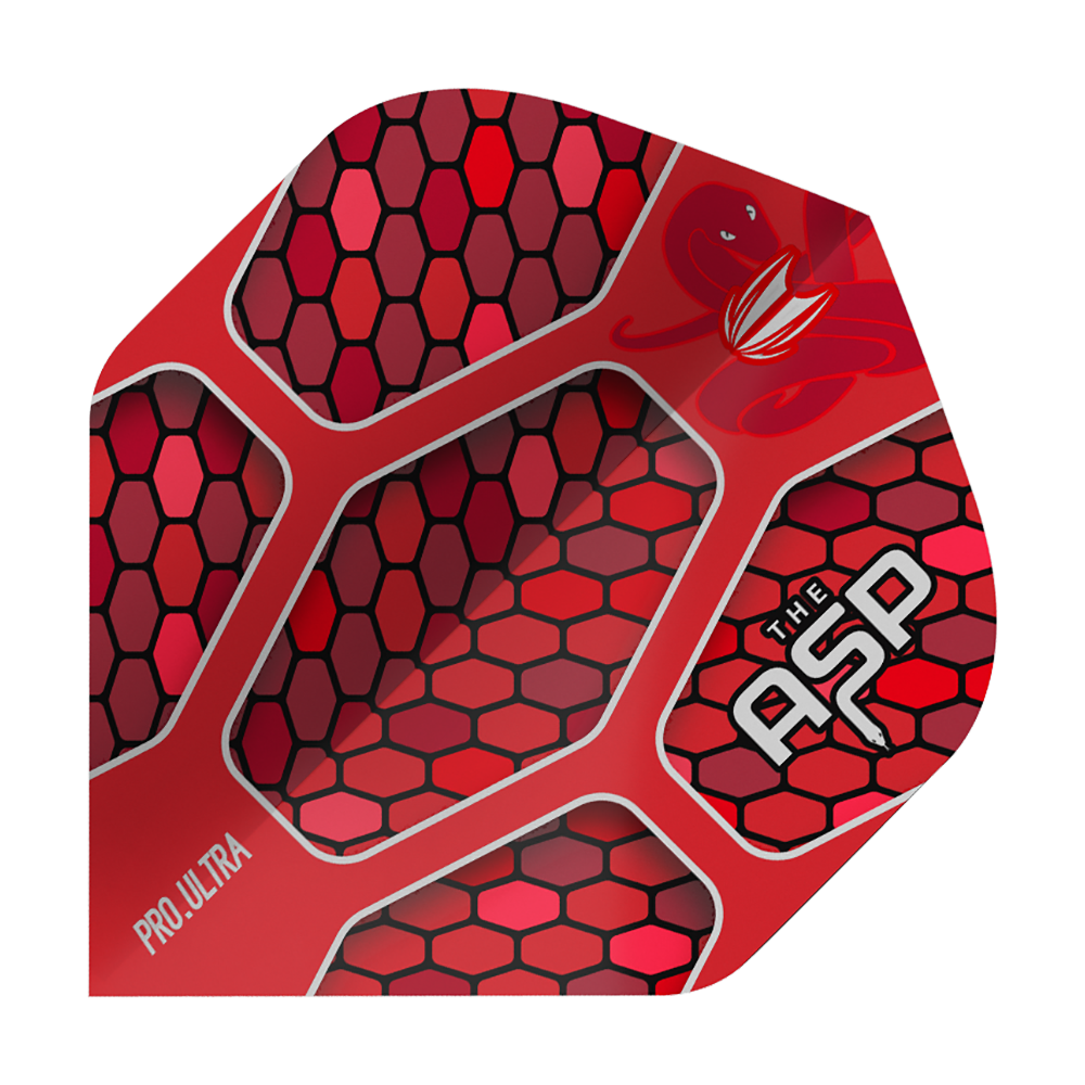 TG387_334450_Target_ProUltra_Nathan_Aspinall_Red_No2_Standard_Flights_1 Das Bild zeigt ein Dartflight mit auffälligem roten Wabenmuster. Auf dem Flight stehen die Wörter „Pro Ultra“ und „The ASP“.