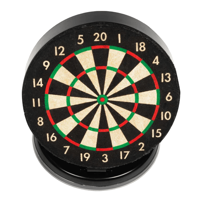 Ruthless Mini Desktop Dartbordset Das Bild zeigt eine kleine, runde Dartscheibe mit farbigen Markierungen und Zahlen. Sie ist als Mini-Desktop-Set gestaltet und eignet sich für den Schreibtisch.