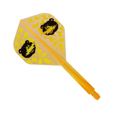 Condor Ax Black Bear Miyu Miyawaki Flight Shaft Neon Orange - Standaard Das Bild zeigt einen Dartpfeil-Flug mit einer orangenen Neon-Schafthülse. Auf dem gelben Flight sind zwei Bärenköpfe und gelbe Zickzackmuster abgebildet.