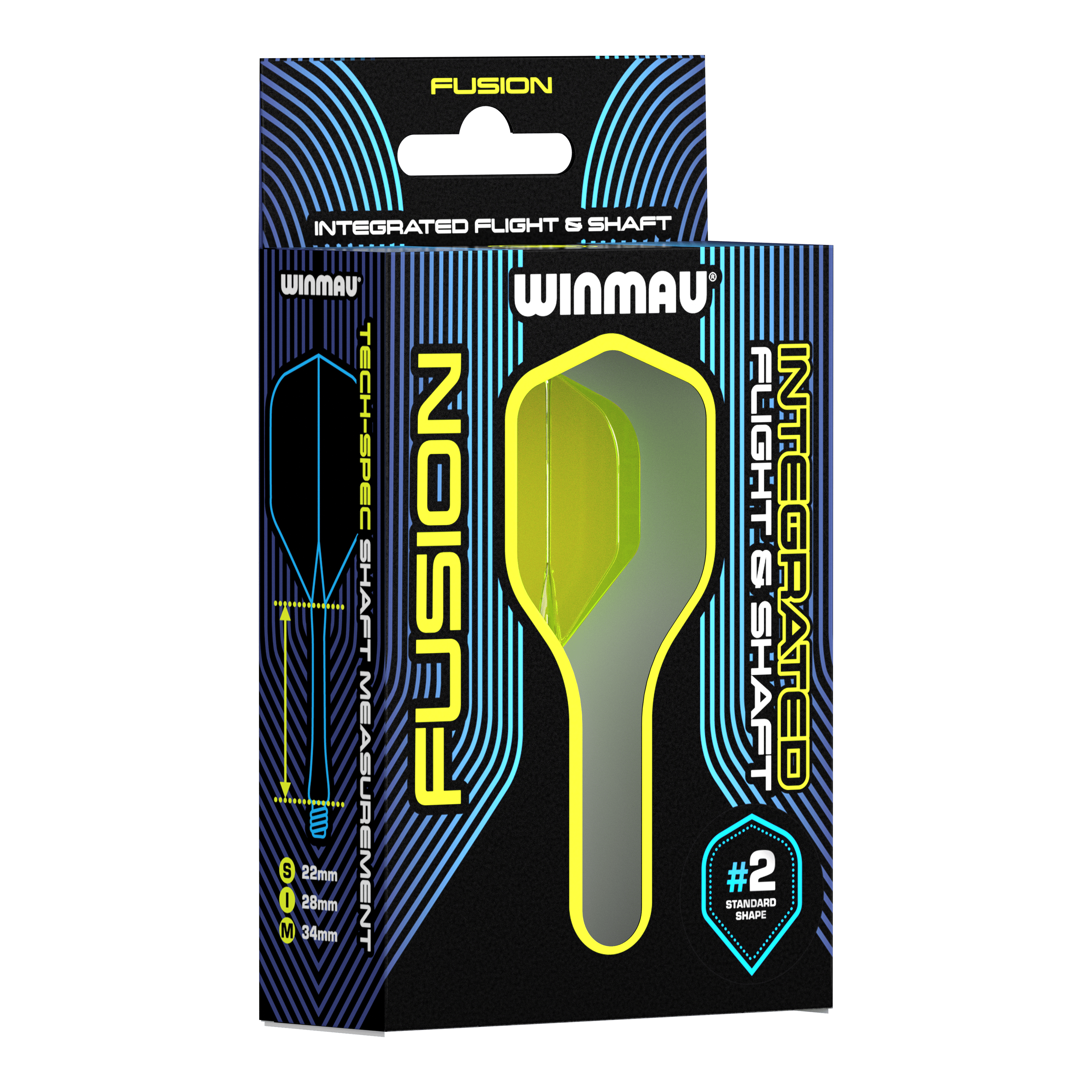 Winmau Fusion Flight Shaft System Standaard Geel Auf dem Bild ist eine Verpackung des Winmau Fusion Integrated Flight & Shaft Systems zu sehen. Die abgebildeten Flights und Shafts sind in Gelb und haben eine Länge von 22 mm.