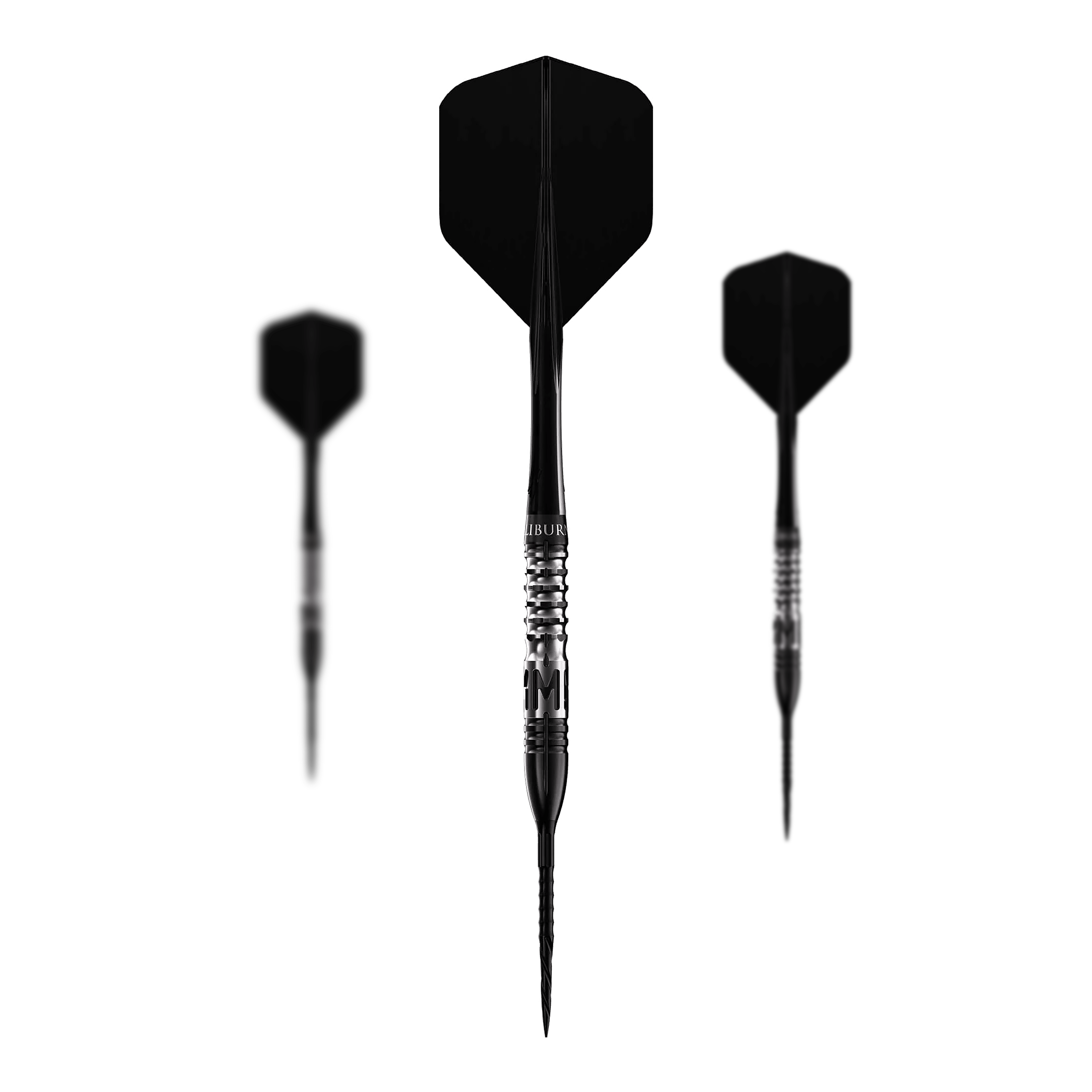 Caliburn Player MAK stalen dartpijlen Das Bild zeigt drei Steeldarts des Produkts „Caliburn Player MAK Steeldarts - 23,5g“. Die Darts sind schwarz und haben ein geriffeltes Griffstück für besseren Halt.