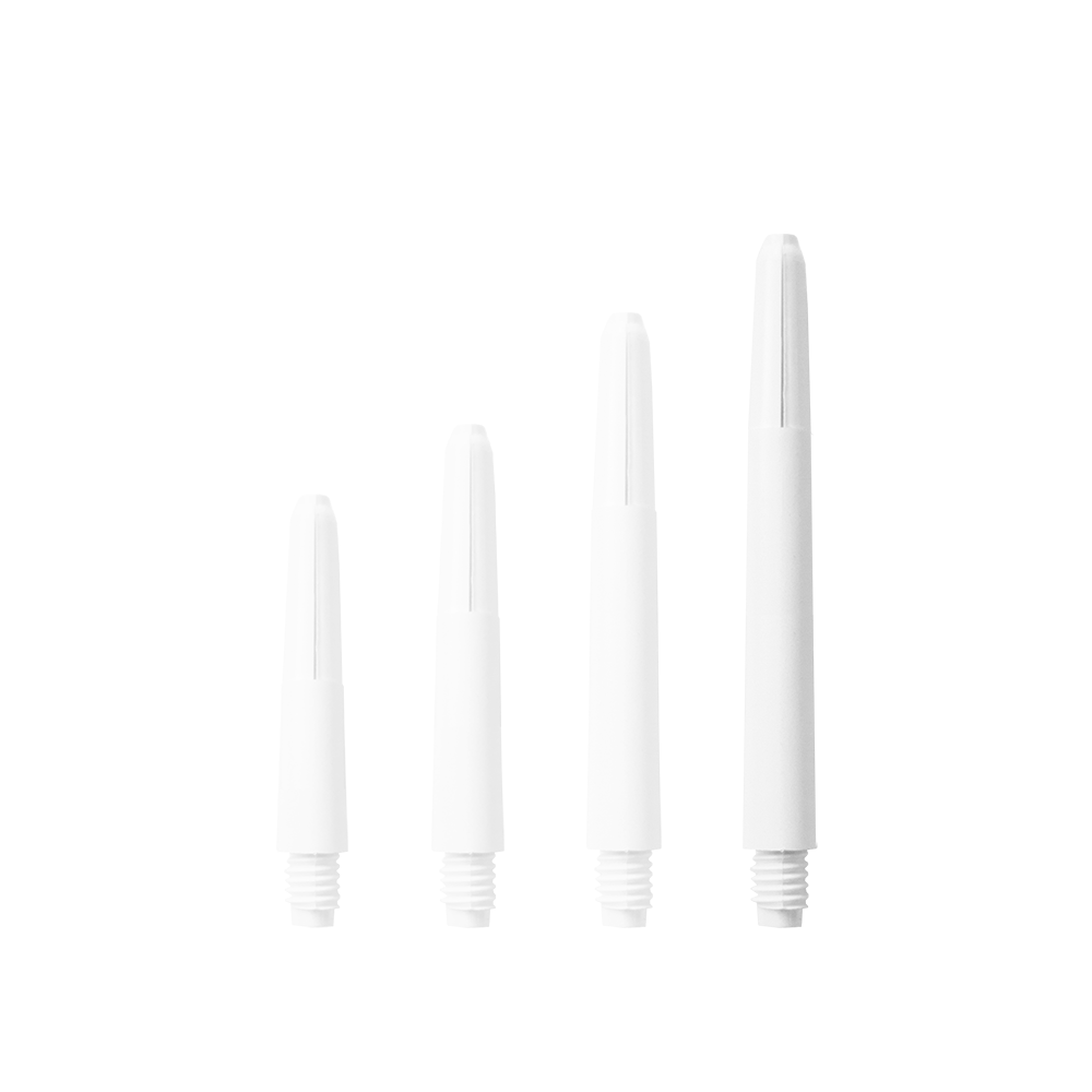 583_Nylon_Shafts_Schneeweiss_48mm_1eEErGS77u6PLx Das Bild zeigt vier weiße Nylon-Schäfte in verschiedenen Längen. Sie sind gerade nebeneinander angeordnet und haben ein Gewinde am unteren Ende.