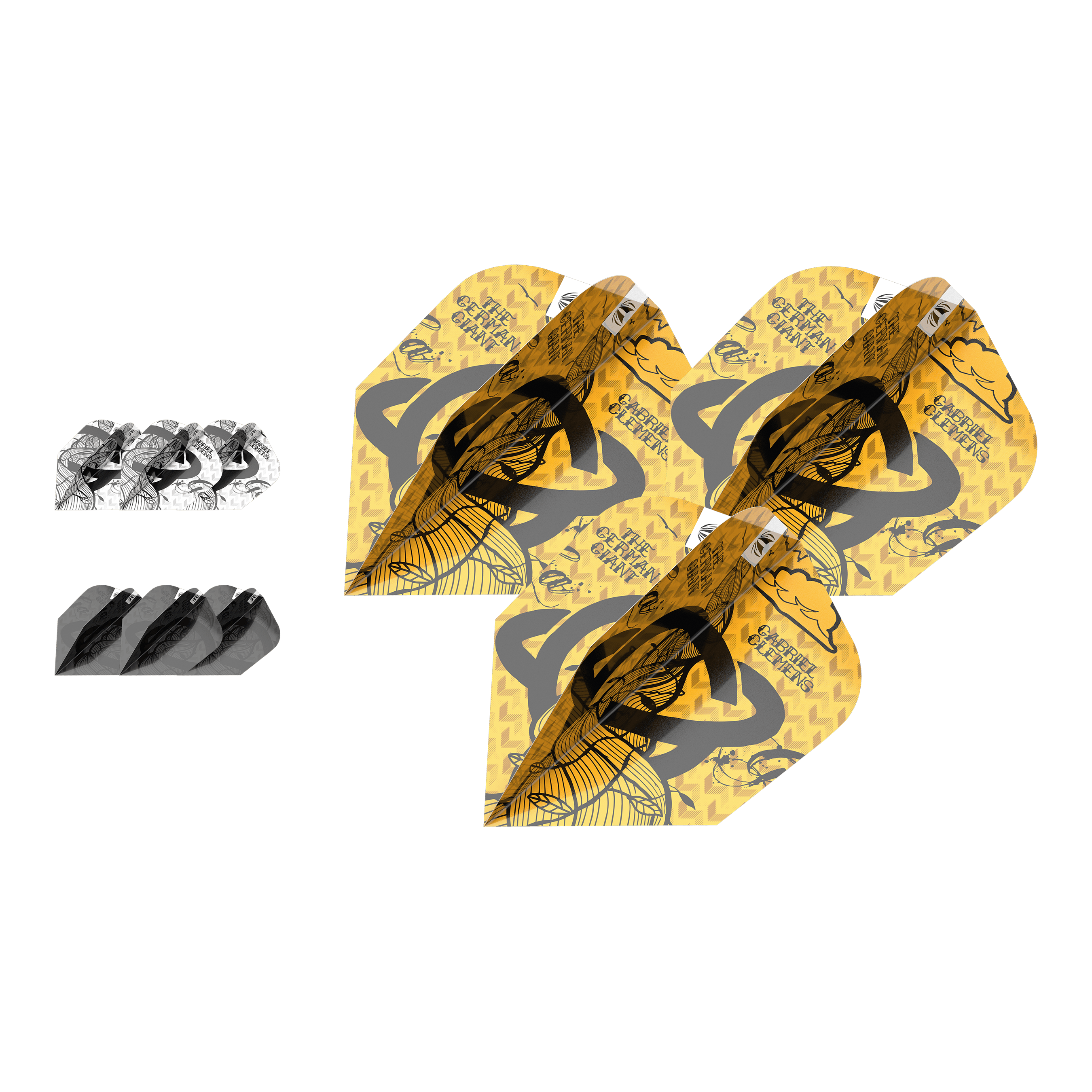 Target Inktbundel 3 sets Gabriel Clemens Ten-X Flights Das Bild zeigt drei Sets von Gabriel Clemens Ten-X Flights aus der Target Ink Bundle Kollektion. Die Flights sind in Gelb, Schwarz und Weiß gestaltet und liegen nebeneinander.