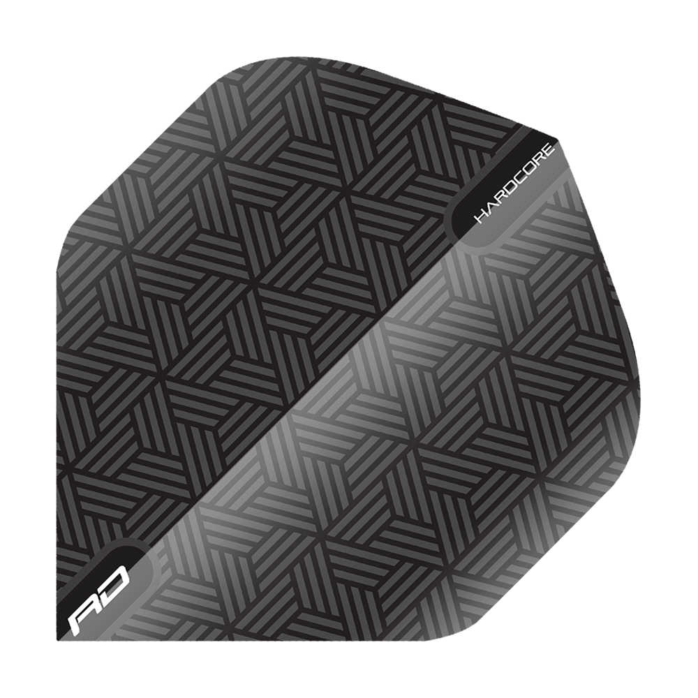 TF6428_Red_Dragon_Hardcore_Black_Standard_Flights_1R5thLoxjM4E6v Das Bild zeigt ein Set von Red Dragon Hardcore Black Standard Flights. Die Flights haben ein schwarzes, geometrisches Muster mit den Aufschriften "RD" und "Hardcore".