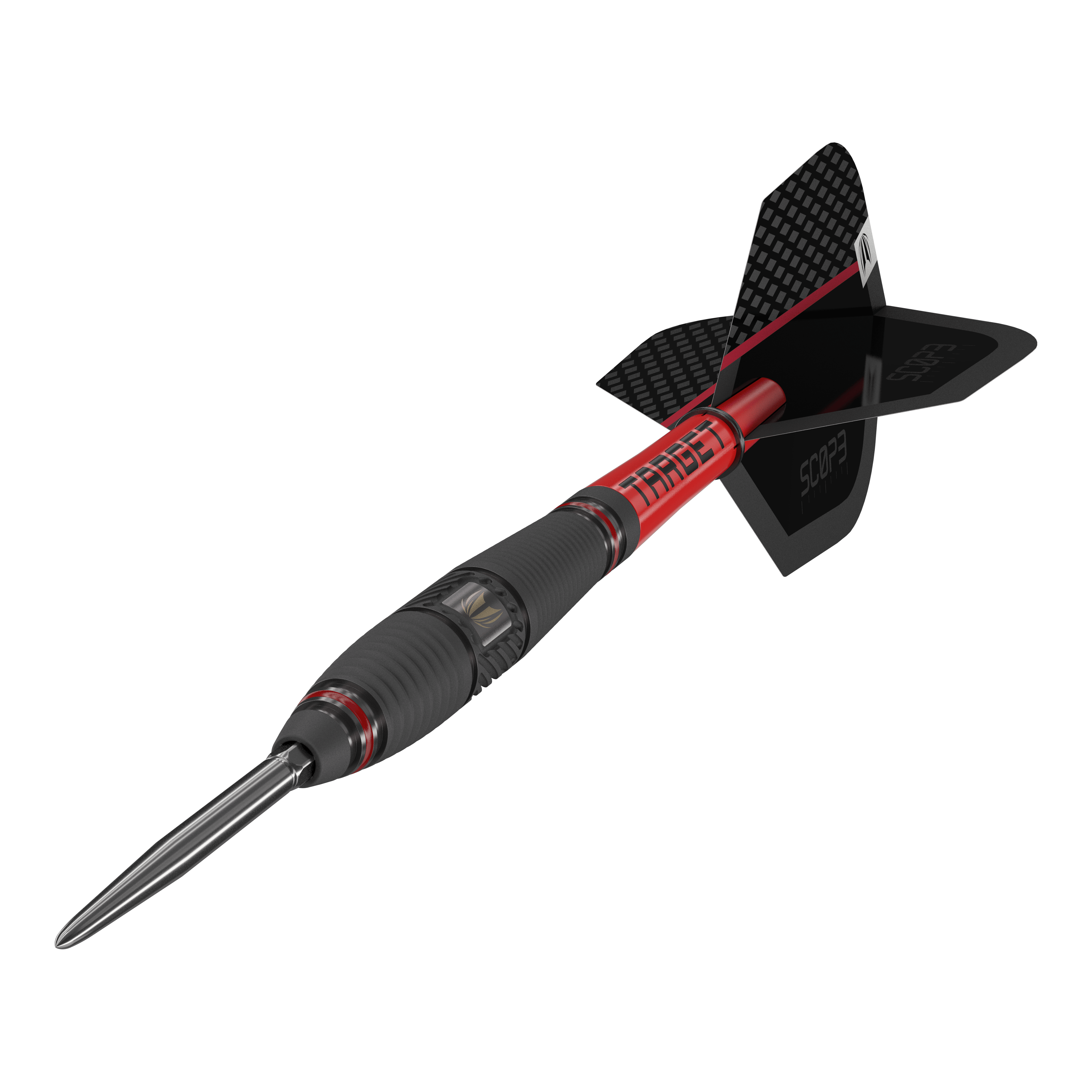 Target Scope 03 Swiss Point stalen darts Das Bild zeigt einen Target Scope 03 Swiss Point Steeldart mit schwarzem und rotem Design. Der Dartpfeil hat eine stabile Stahlspitze und aerodynamische Flügel.